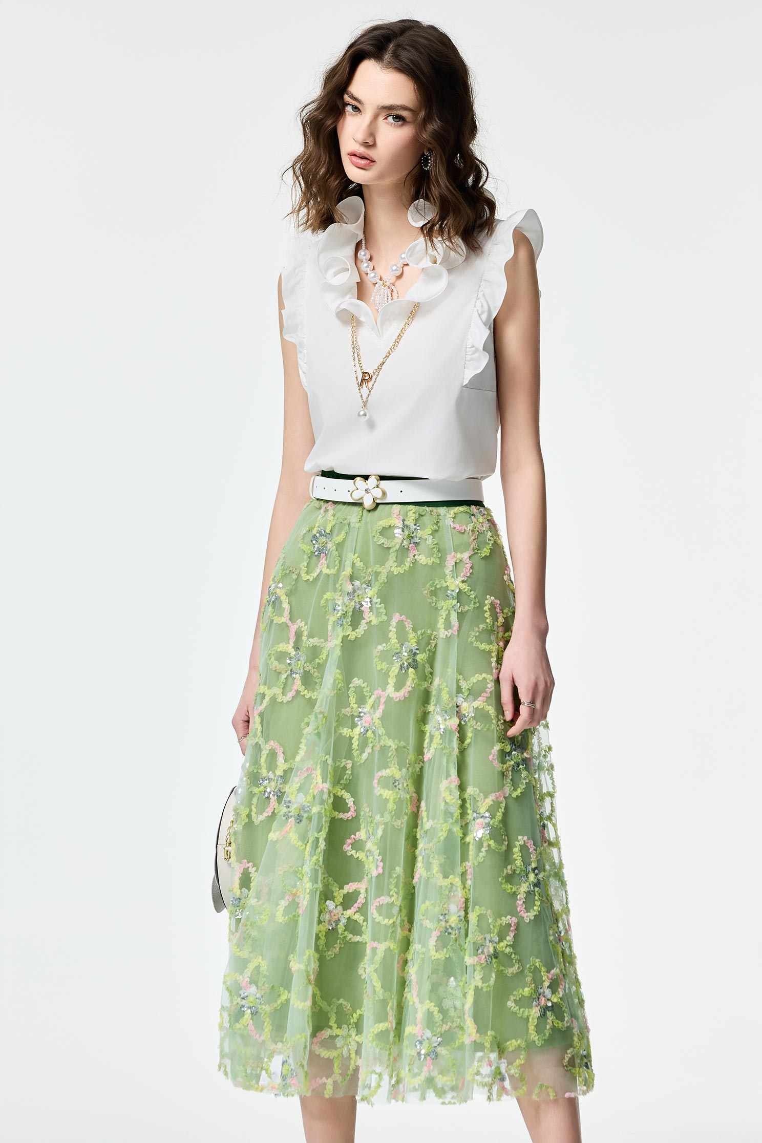 Multi Colour Emobossed Floral Detail Maxi SkirtMulti Colour Emobossed Floral Detail Maxi Skirt,Season (AW) Look,Mesh fabric,Midi skirts