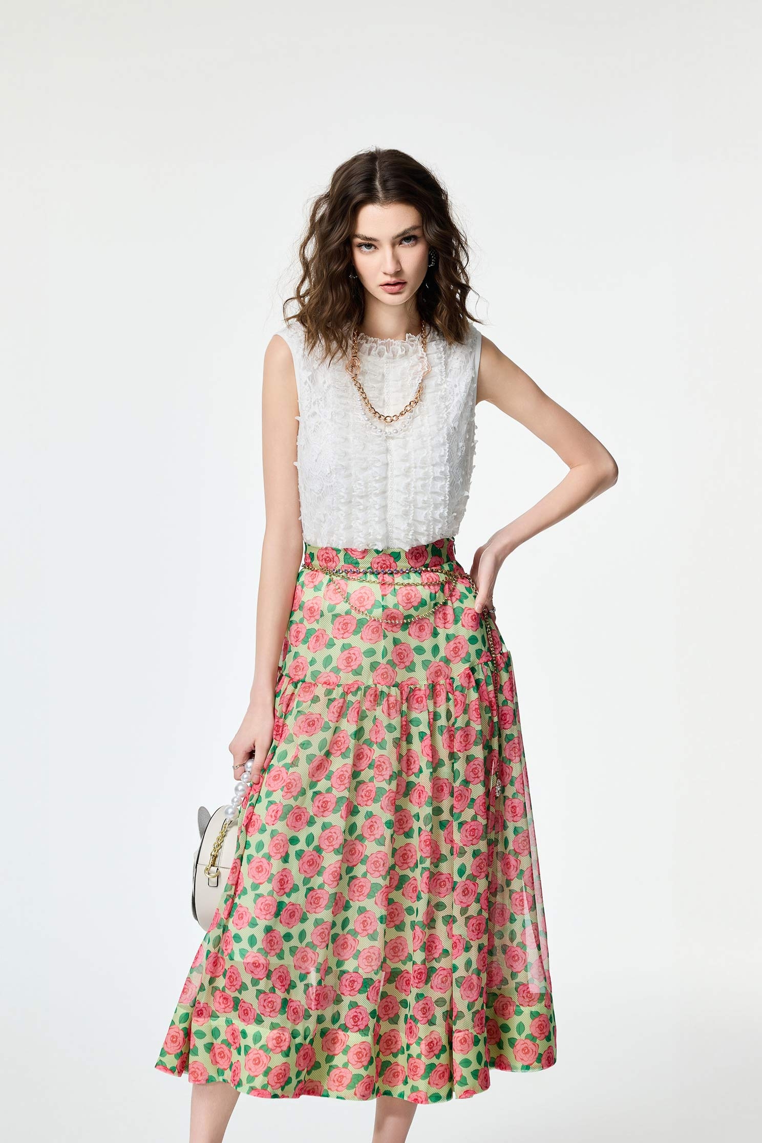 Rose Print Chiffon SkirtRose Print Chiffon Skirt,Season (AW) Look,Midi skirts