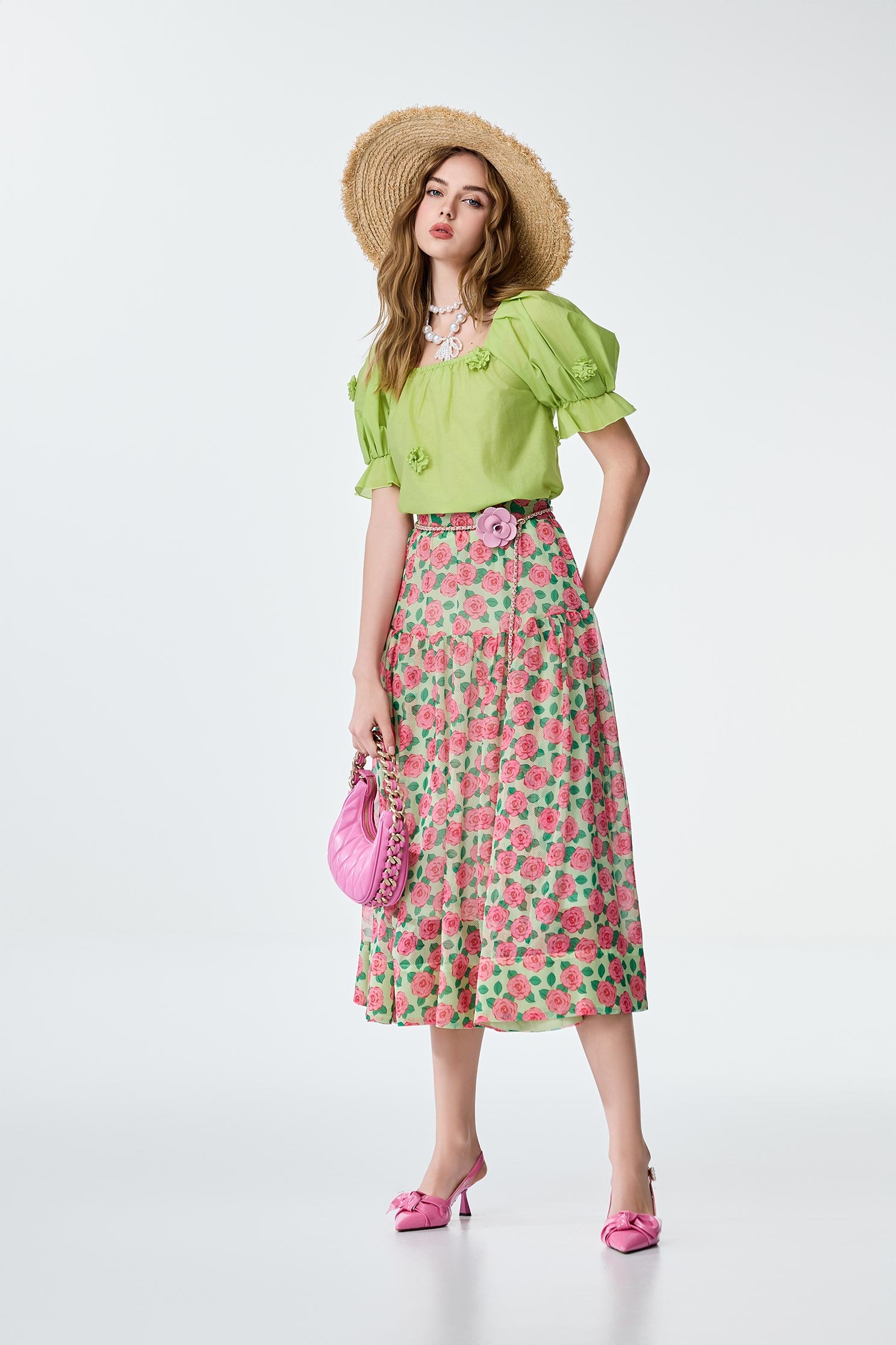 Rose Print Chiffon SkirtRose Print Chiffon Skirt,Season (AW) Look,Midi skirts