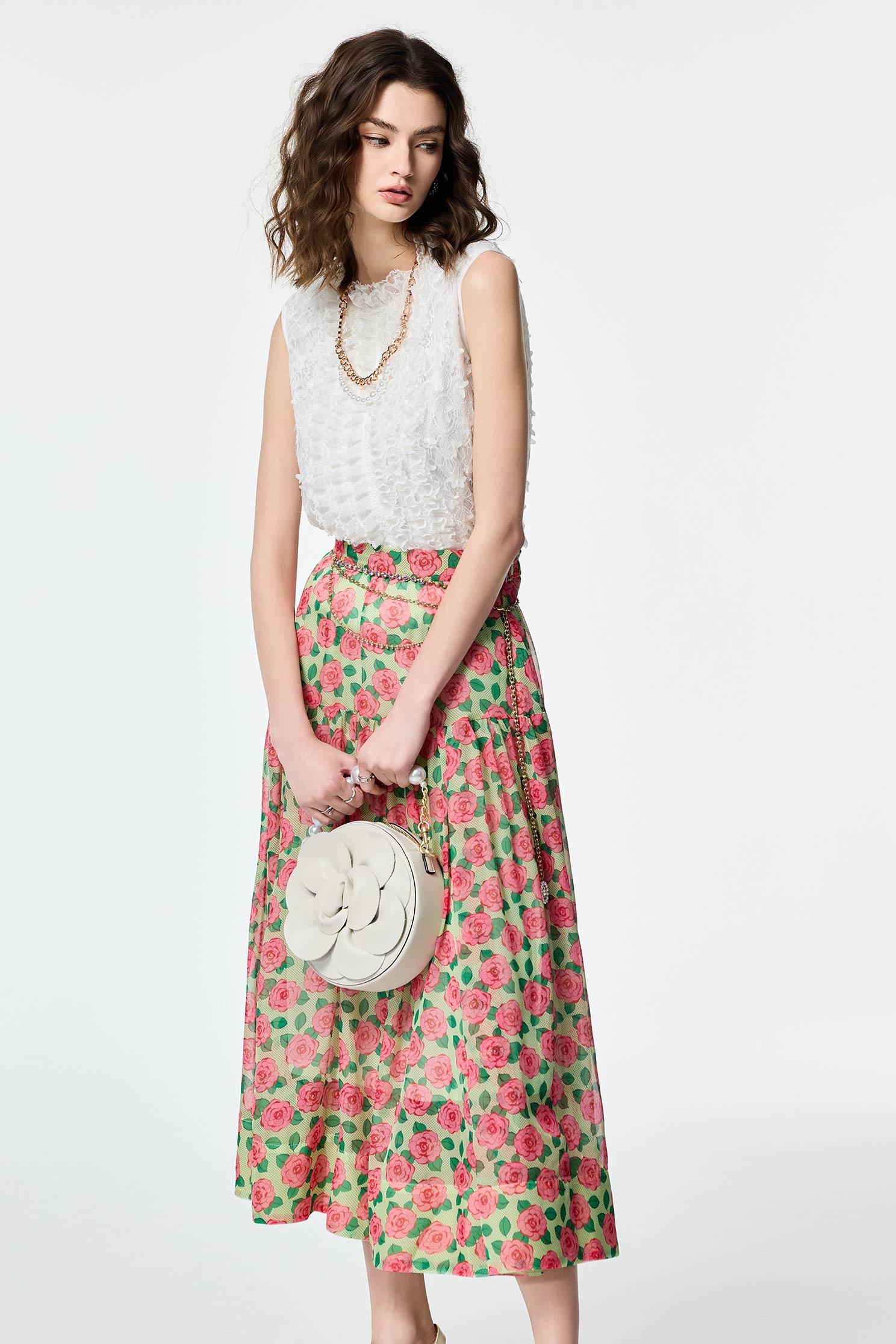 Rose Print Chiffon SkirtRose Print Chiffon Skirt,Season (AW) Look,Midi skirts
