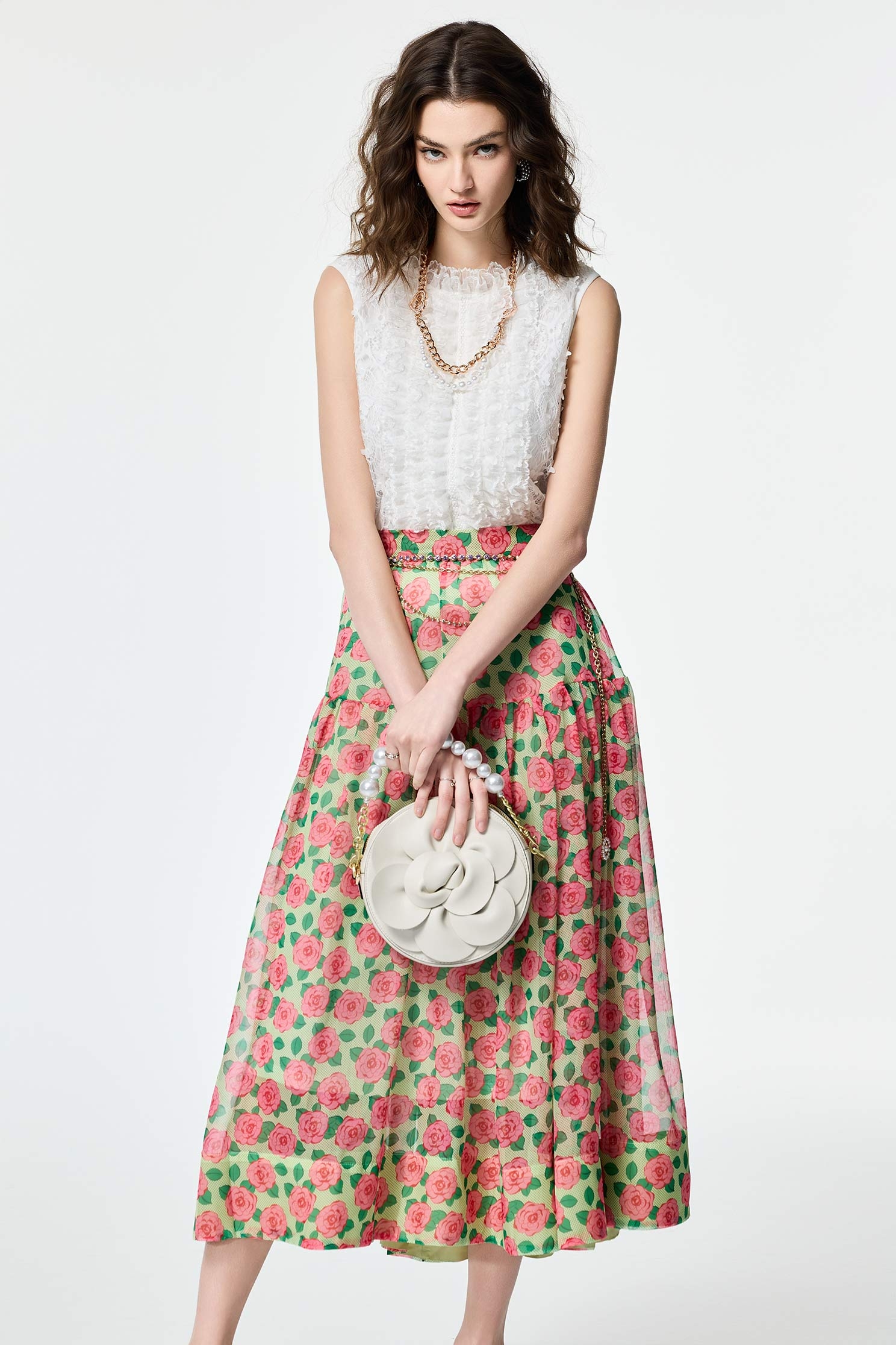 Rose Print Chiffon SkirtRose Print Chiffon Skirt,Season (AW) Look,Midi skirts