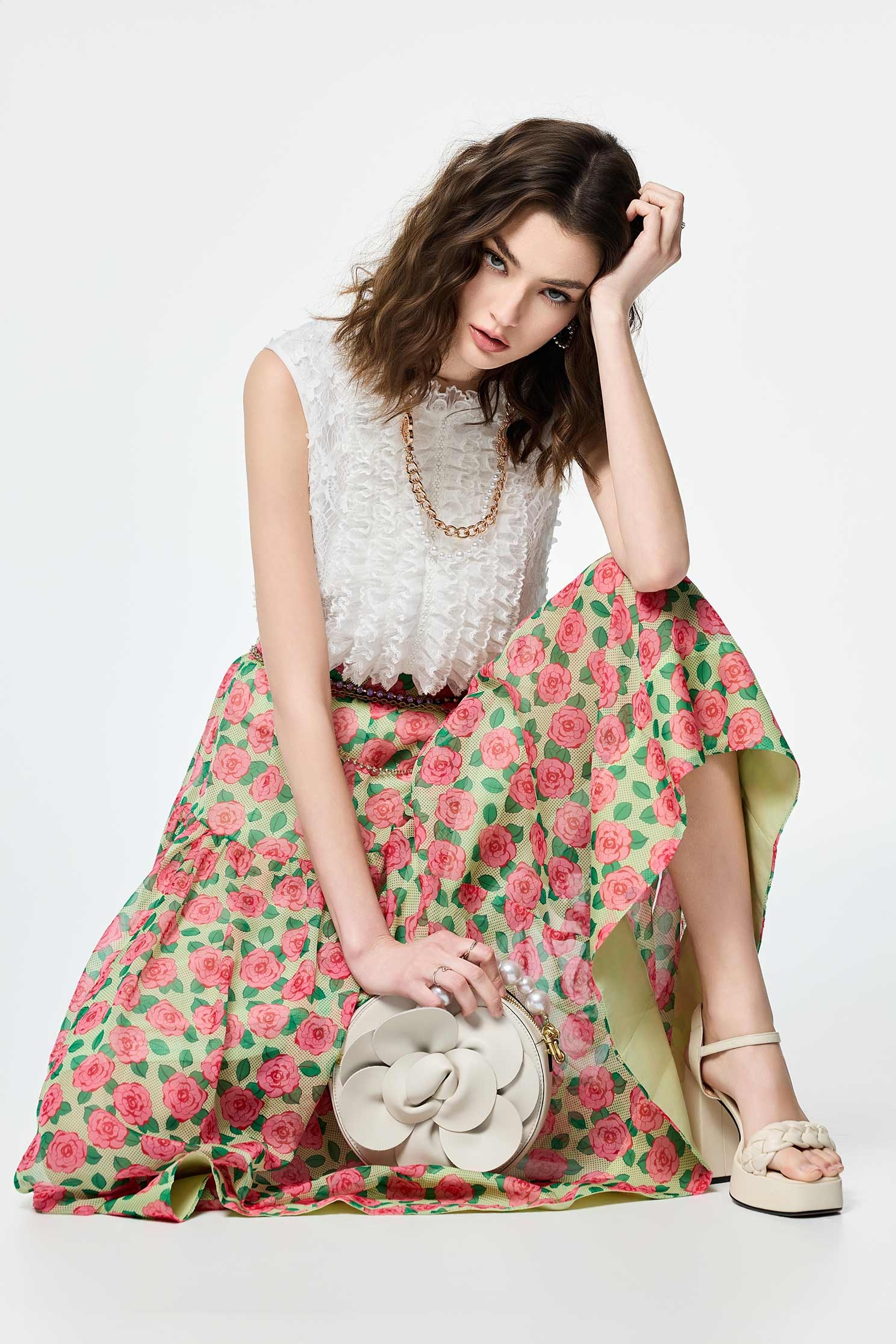 Rose Print Chiffon SkirtRose Print Chiffon Skirt,Season (AW) Look,Midi skirts
