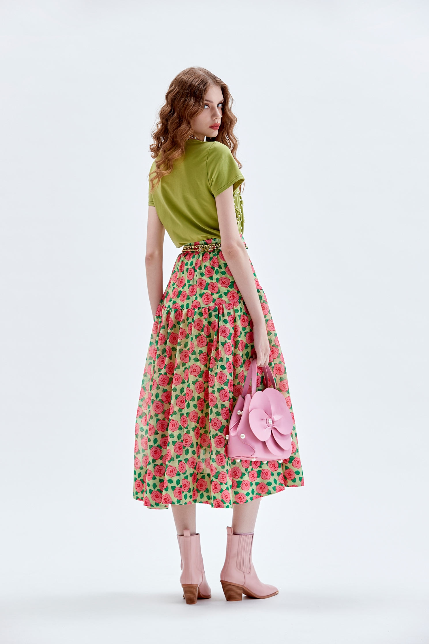 Rose Print Chiffon SkirtRose Print Chiffon Skirt,Season (AW) Look,Midi skirts