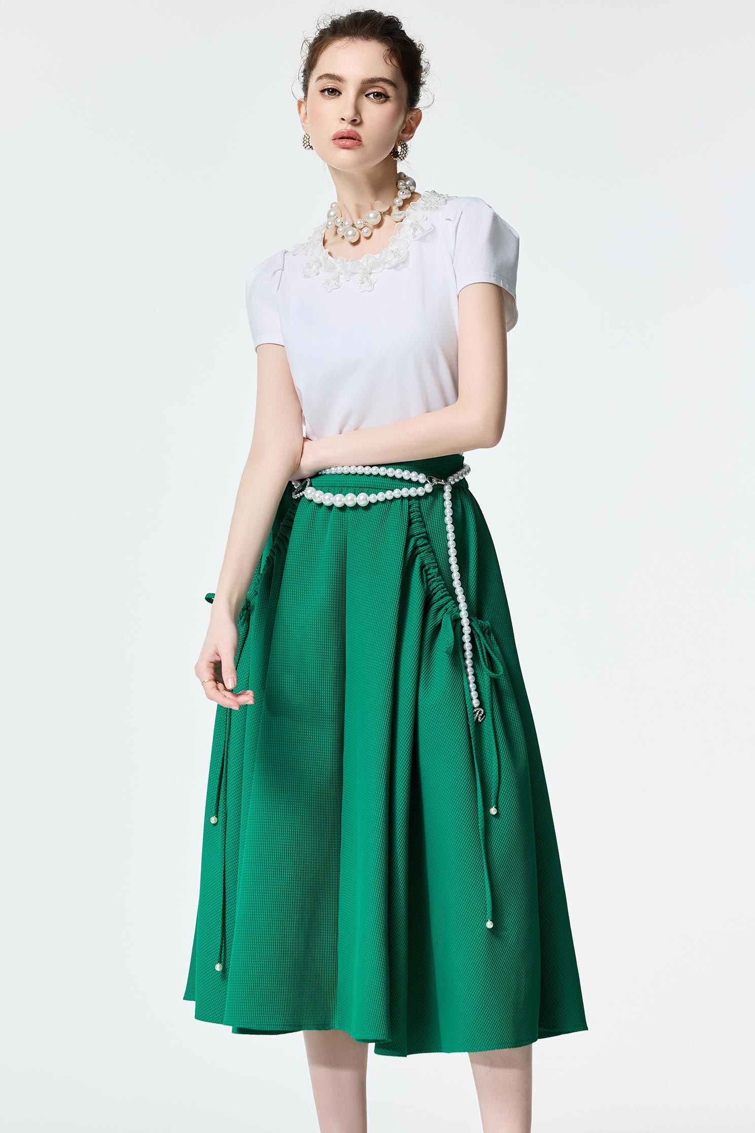 Green Midi Waffle SkirtGreen Midi Waffle Skirt,Season (SS) Look,Plaid,City Feminine,Valentine,Midi skirts