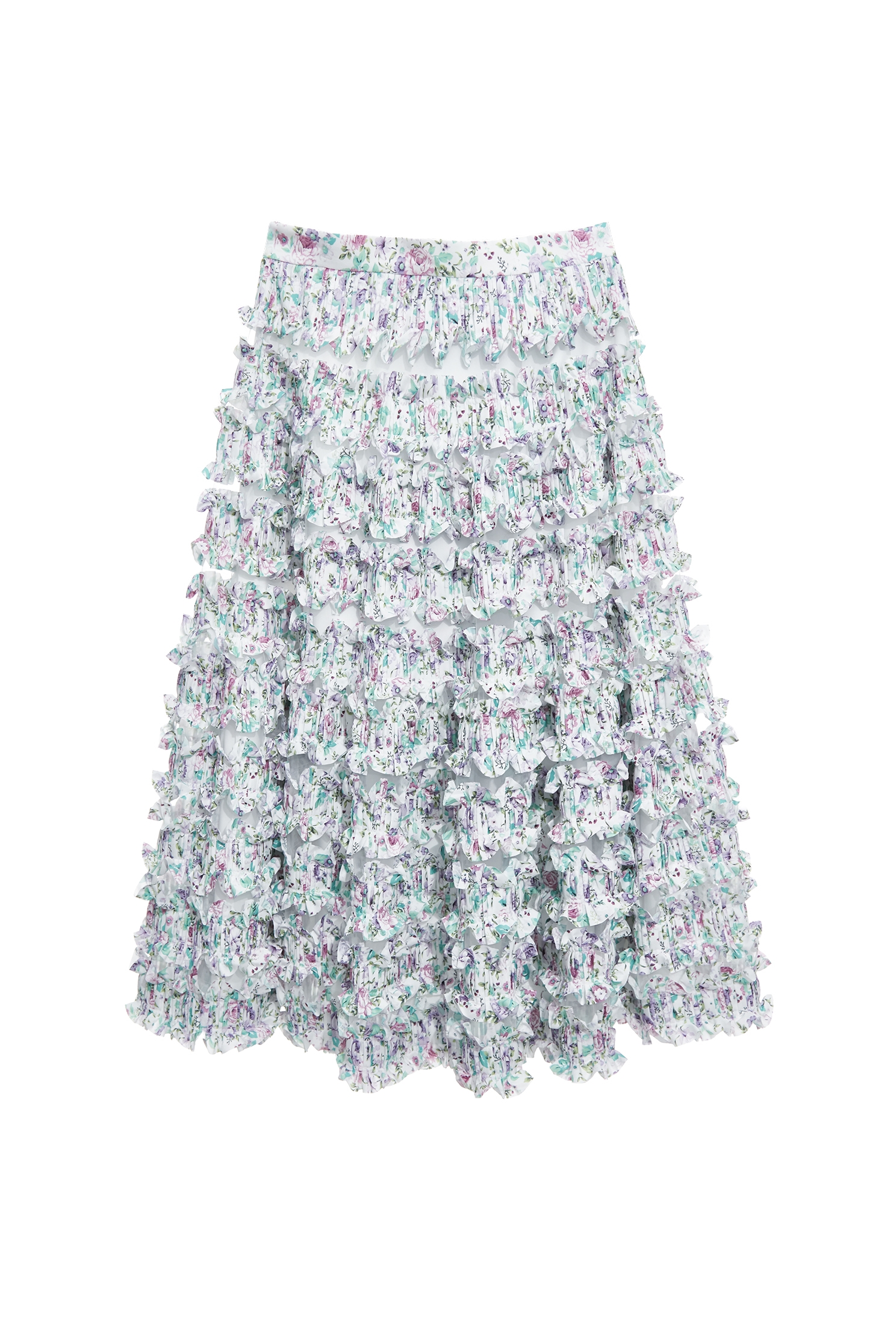 Pleated Ruffle Layer Floral Print Maxi Skirt,Tops,Season (SS) Look,Floral,Mesh fabric,Midi skirts