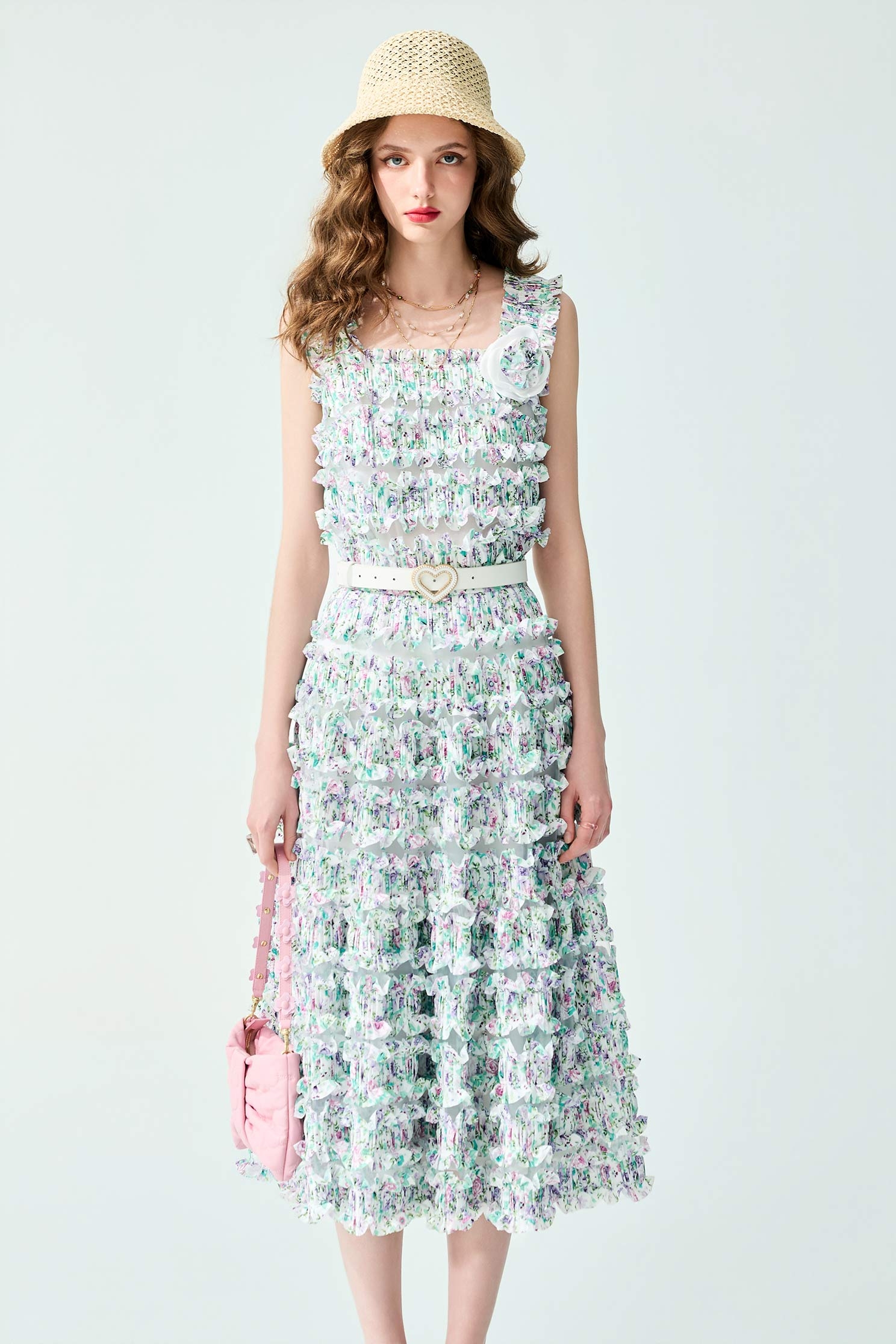 Pleated Ruffle Layer Floral Print Maxi Skirt,Tops,Season (SS) Look,Floral,Mesh fabric,Midi skirts