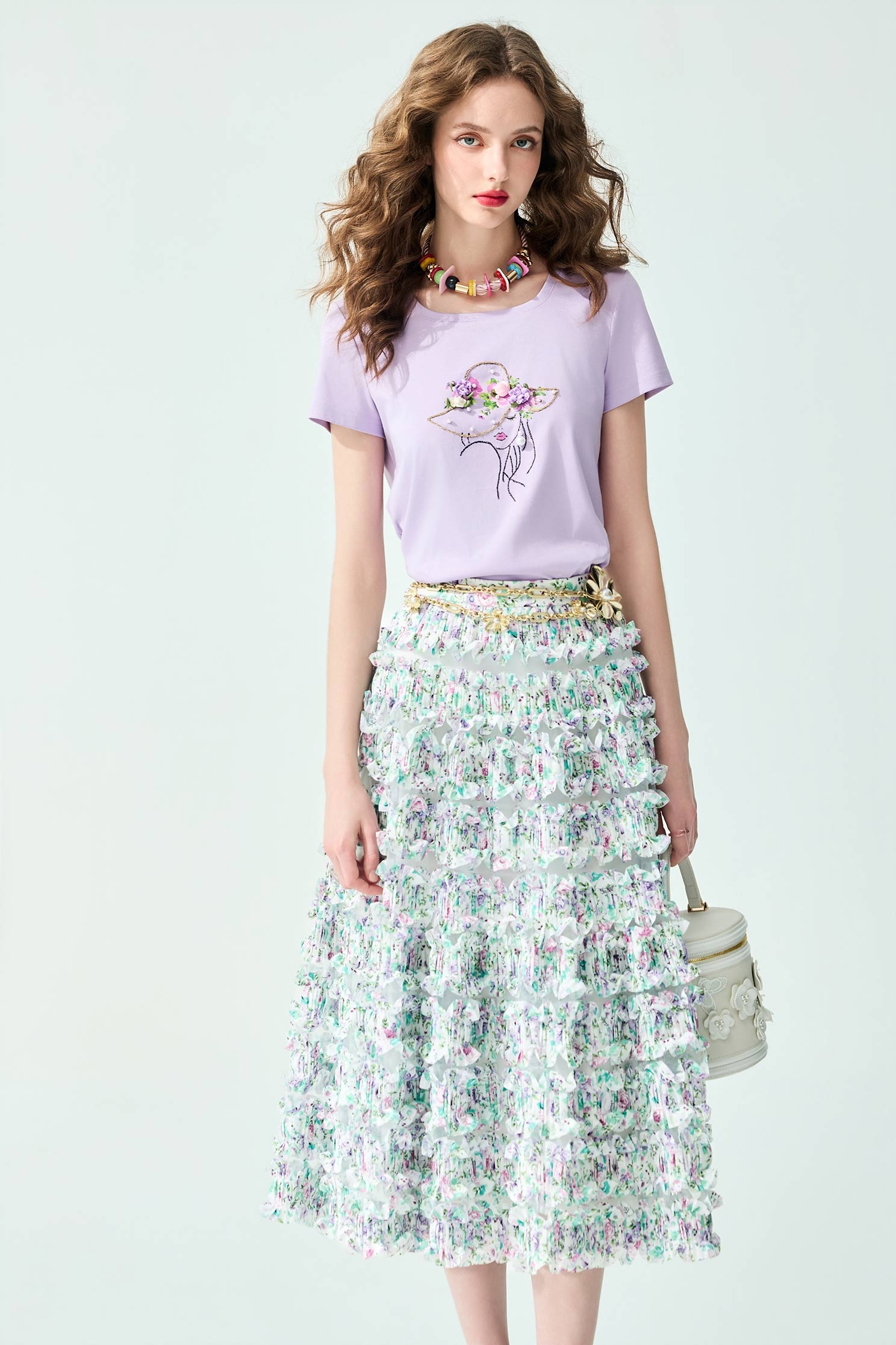 Pleated Ruffle Layer Floral Print Maxi Skirt,Tops,Season (SS) Look,Floral,Mesh fabric,Midi skirts