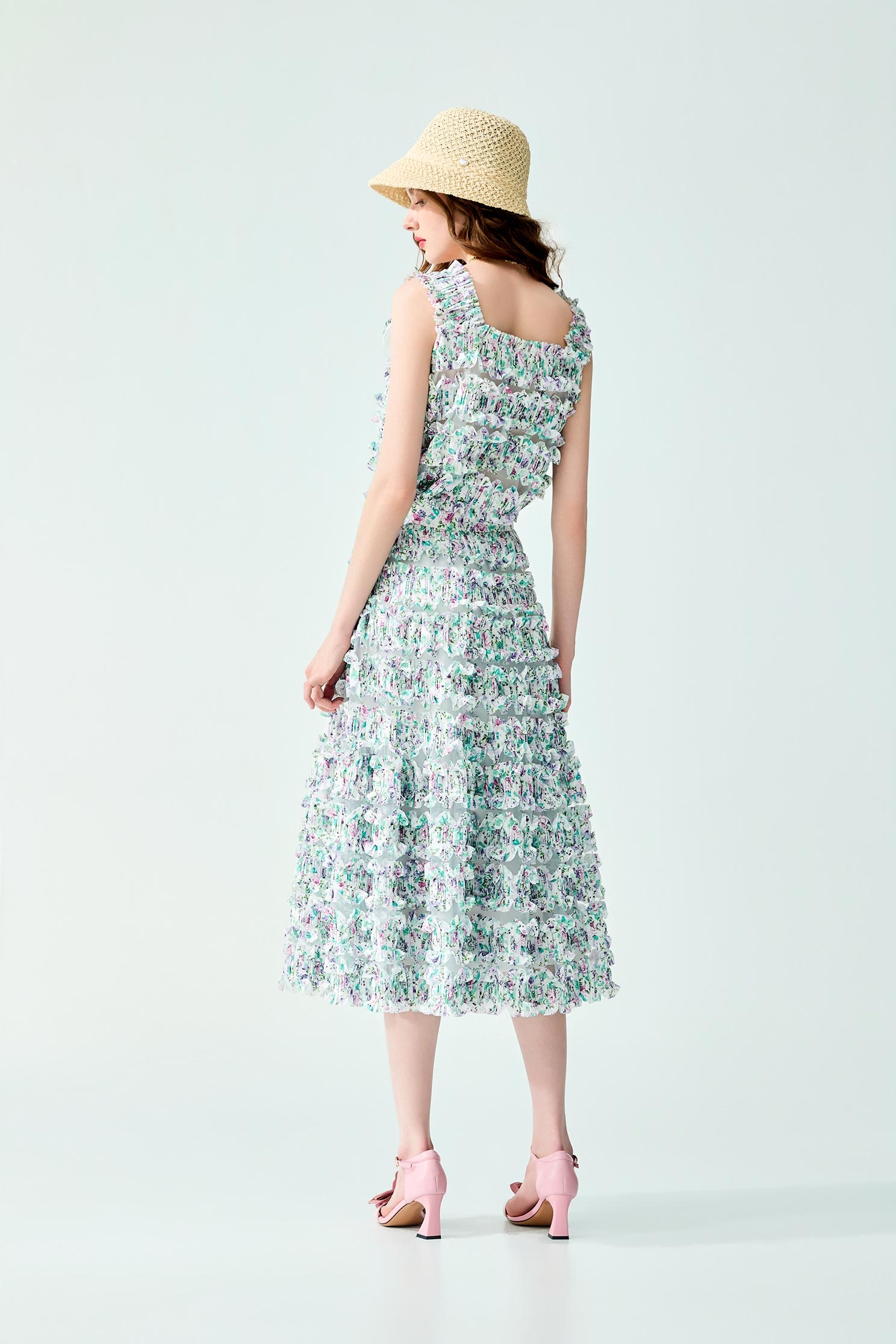 Pleated Ruffle Layer Floral Print Maxi Skirt,Tops,Season (SS) Look,Floral,Mesh fabric,Midi skirts
