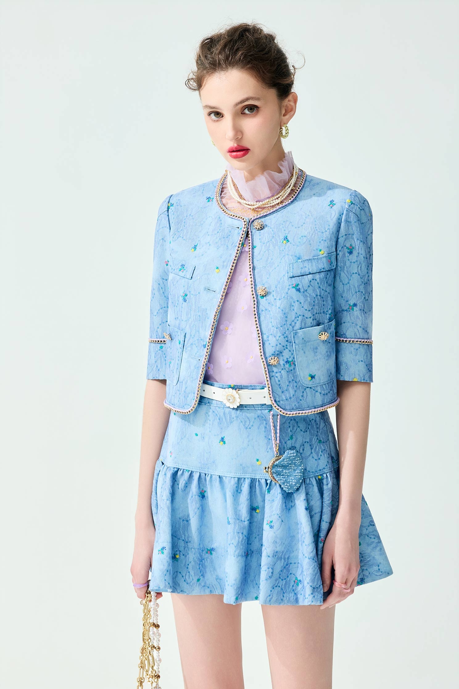 Floral Embroidery Sequin Detail Mini Skirt,Embroidered,Season (SS) Look,Mini skirts,Floral,Mesh fabric,Lace