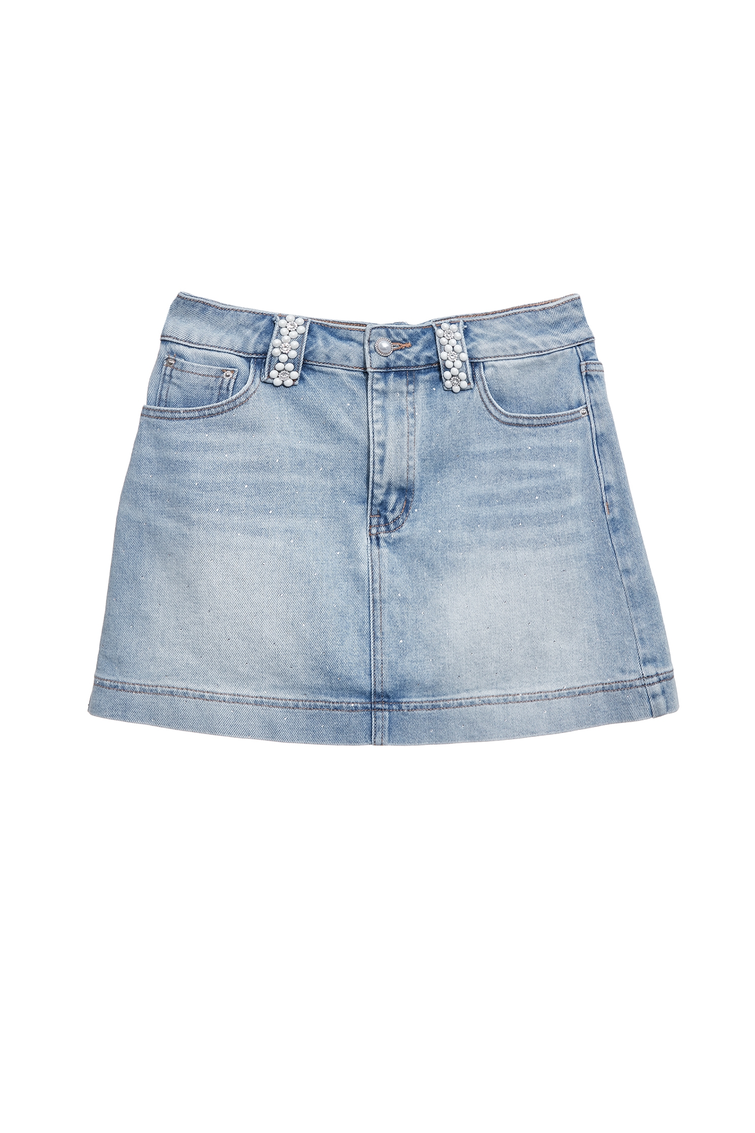 Sequin Denim Short Skirt With Lace Sash,Season (SS) Look,Denim,Denim skirts,pearl
