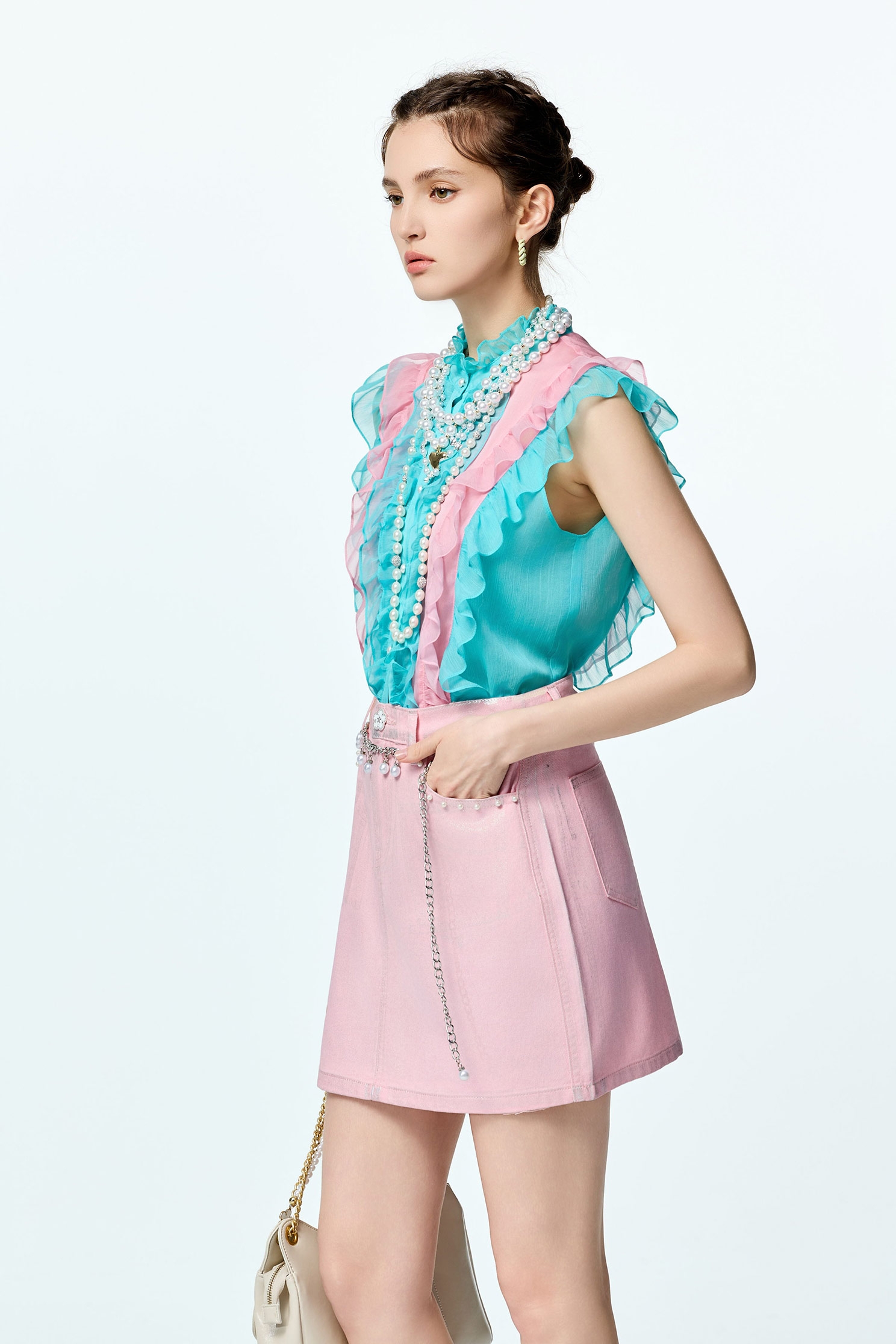 Metallic Sheen Pink Denim SkirtMetallic Sheen Pink Denim Skirt,co-ord sets,Denim,Denim mini skirts,Denim skirts,pearl,Mini skirts,Season (AW) Look,blossoms