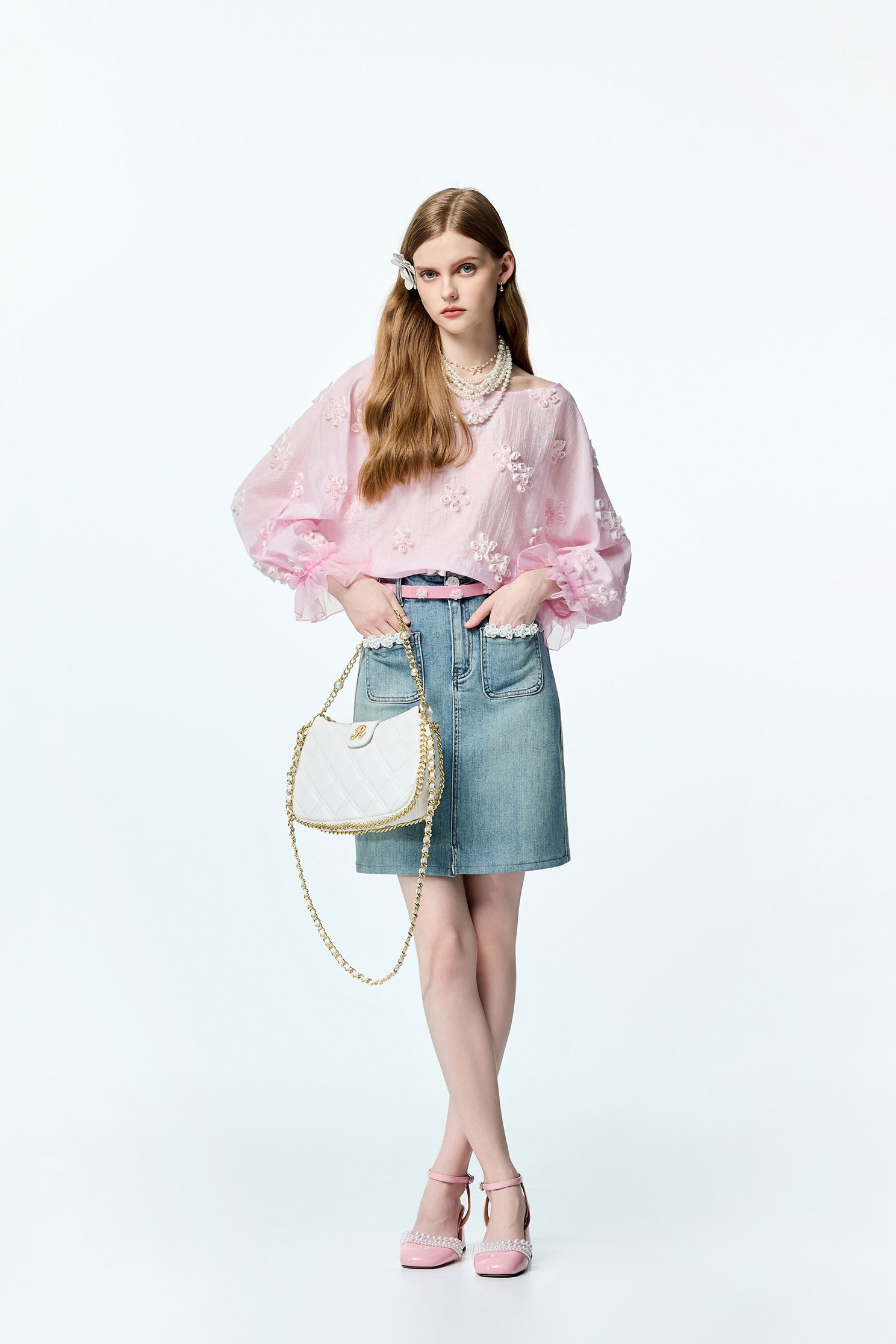 Floral Lace Detail Denim SkirtFloral Lace Detail Denim Skirt,Office Looks,Denim,Denim skirts,Season (AW) Look,Valentine,blossoms,Lace,Lace skirts,upperclass,Midi skirts