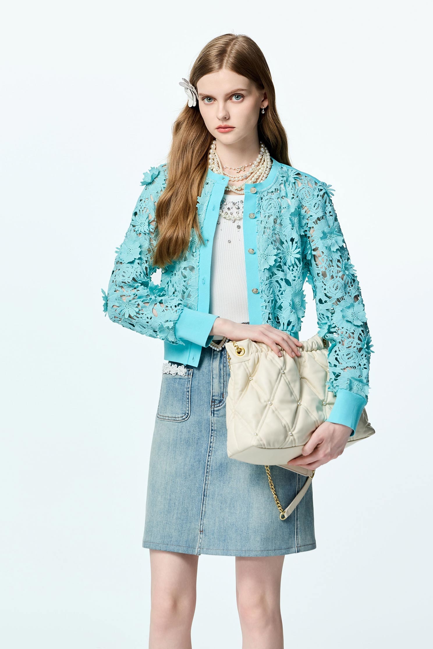 Floral Lace Detail Denim SkirtFloral Lace Detail Denim Skirt,Office Looks,Denim,Denim skirts,Season (AW) Look,Valentine,blossoms,Lace,Lace skirts,upperclass,Midi skirts