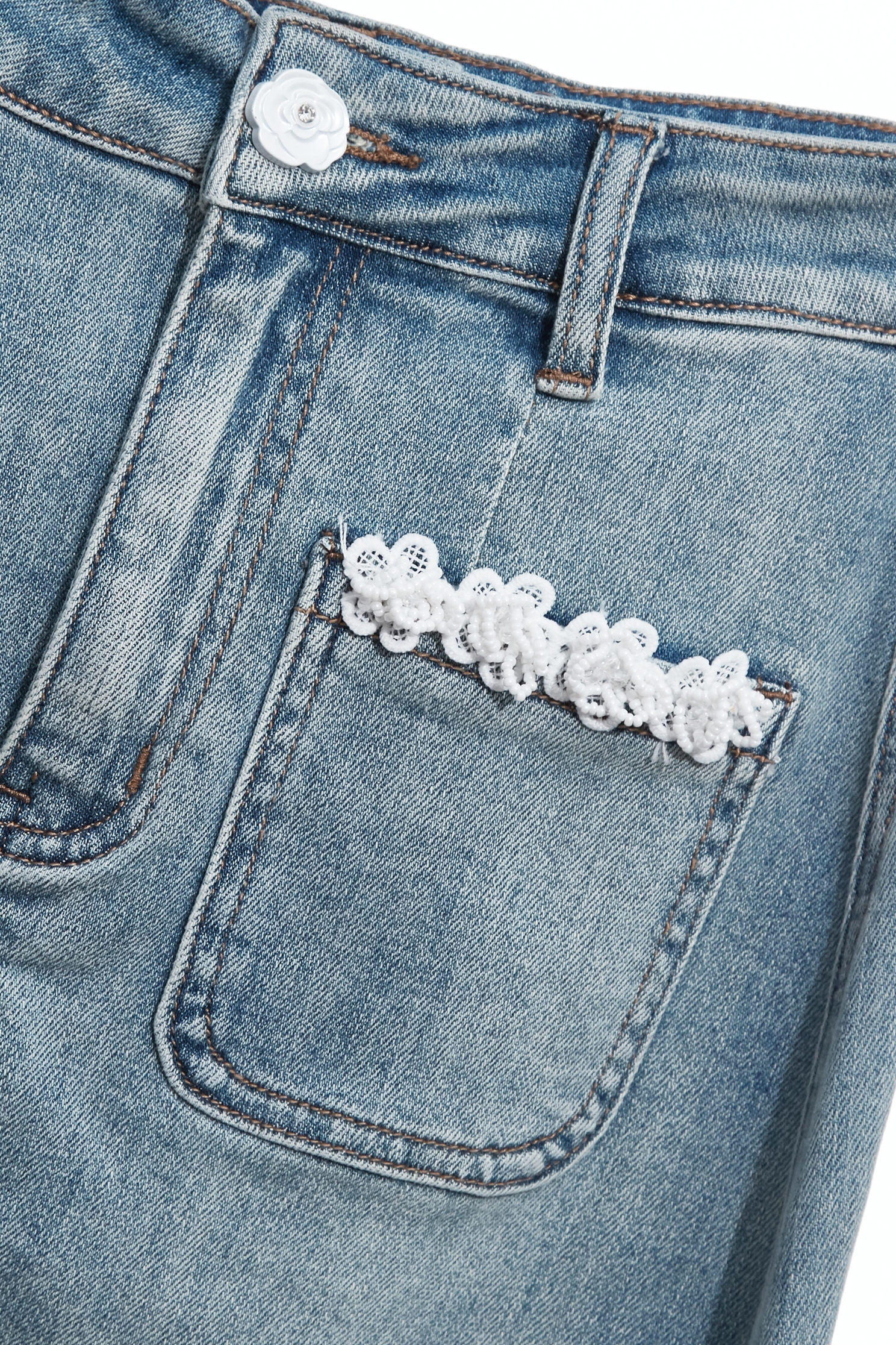 Floral Lace Detail Denim SkirtFloral Lace Detail Denim Skirt,Office Looks,Denim,Denim skirts,Season (AW) Look,Valentine,blossoms,Lace,Lace skirts,upperclass,Midi skirts