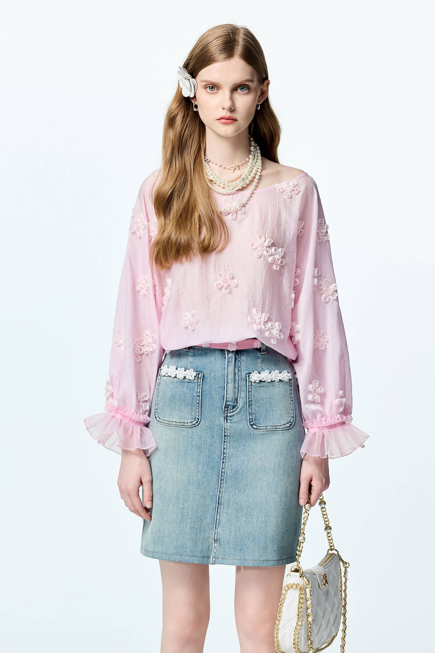 Floral Lace Detail Denim SkirtFloral Lace Detail Denim Skirt,Office Looks,Denim,Denim skirts,Season (AW) Look,Valentine,blossoms,Lace,Lace skirts,upperclass,Midi skirts