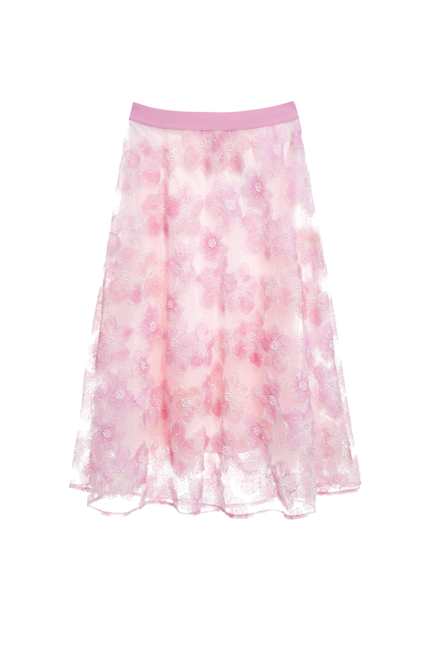 3-D Floral Pearl Detail Mesh Skirt3-D Floral Pearl Detail Mesh Skirt,Season (SS) Look,Mesh fabric,Midi skirts