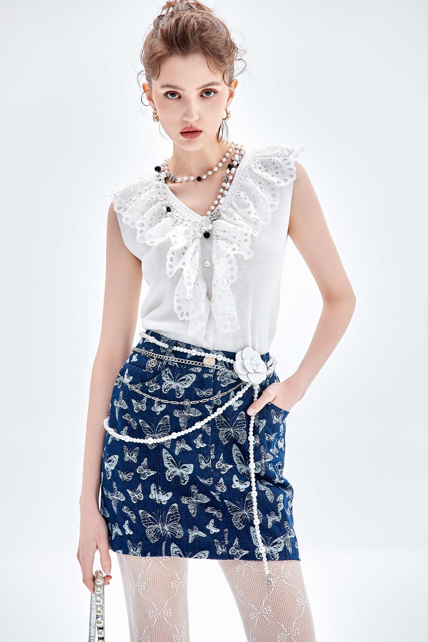 Butterfly Print Denim SkirtButterfly Print Denim Skirt,Denim,Denim skirts,pearl,Mini skirts,Season (AW) Look