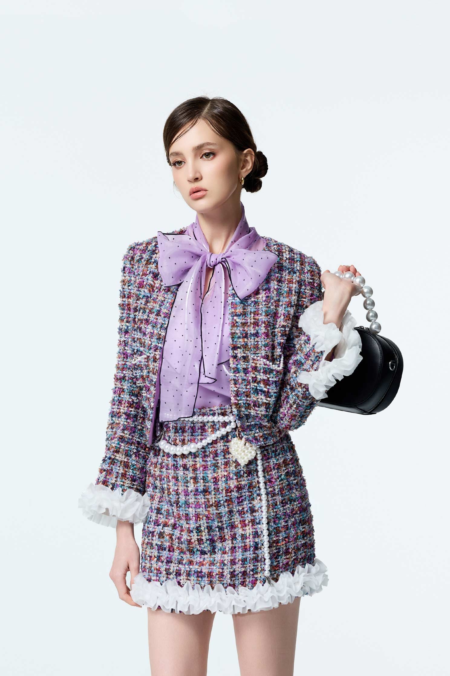 Organza Ruffle Detail Purple Tweed SkirtOrganza Ruffle Detail Purple Tweed Skirt,Office Looks,co-ord sets,pearl,Mini skirts,Season (AW) Look