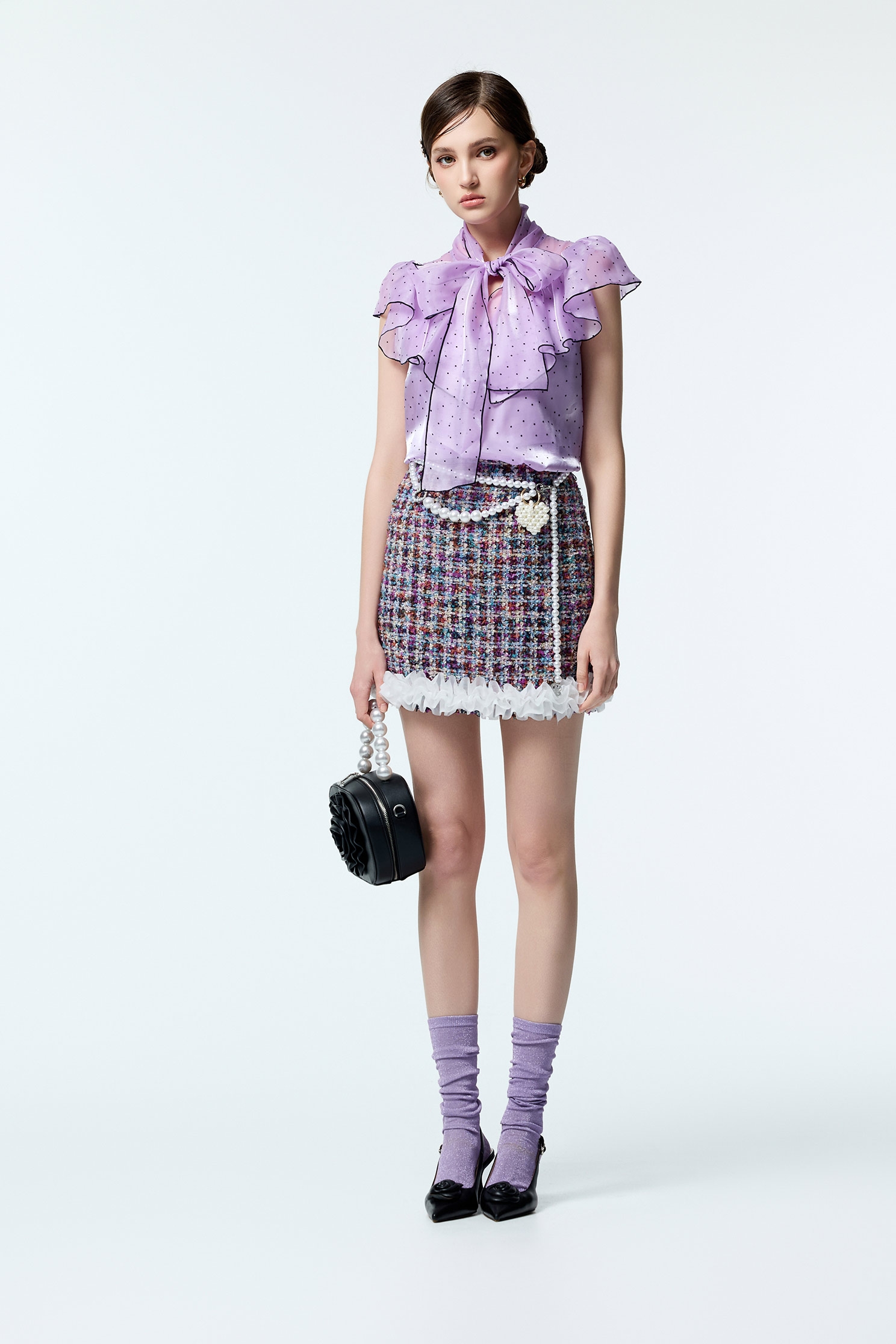 Organza Ruffle Detail Purple Tweed SkirtOrganza Ruffle Detail Purple Tweed Skirt,Office Looks,co-ord sets,pearl,Mini skirts,Season (AW) Look