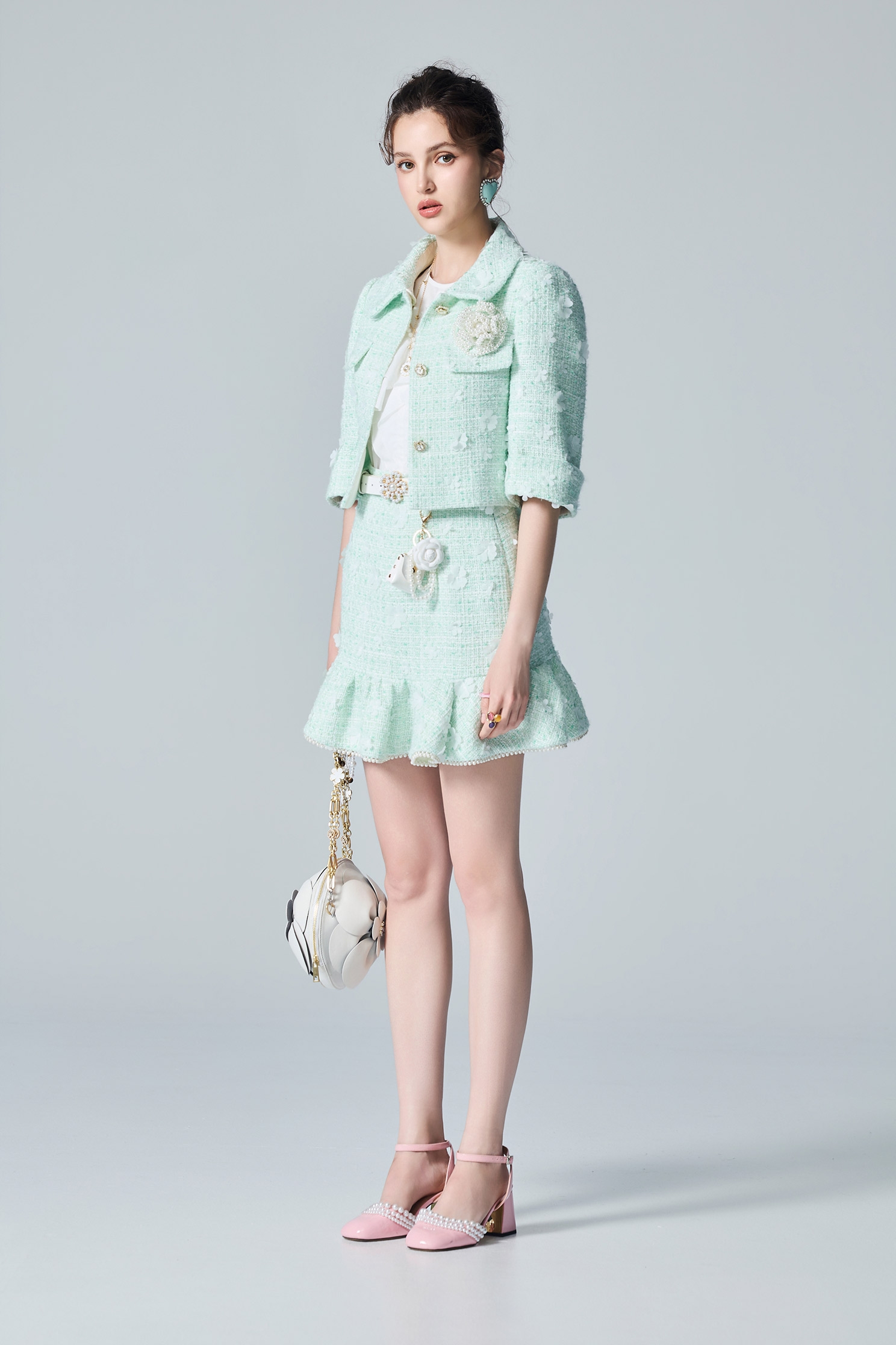 Floral Detail Light Green Tweed SkirtFloral Detail Light Green Tweed Skirt,pearl,Mini skirts,Season (AW) Look
