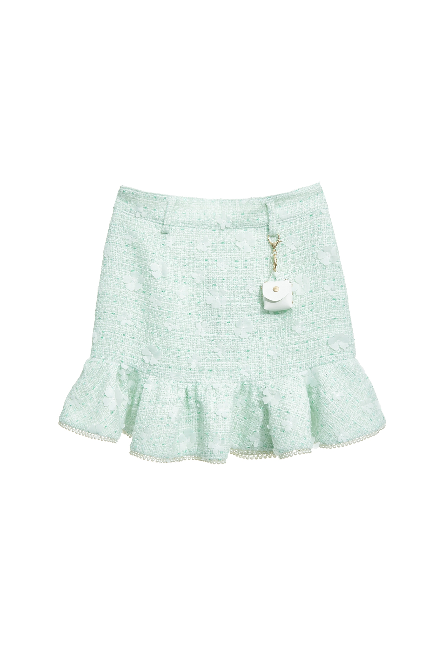 Floral Detail Light Green Tweed SkirtFloral Detail Light Green Tweed Skirt,pearl,Mini skirts,Season (AW) Look