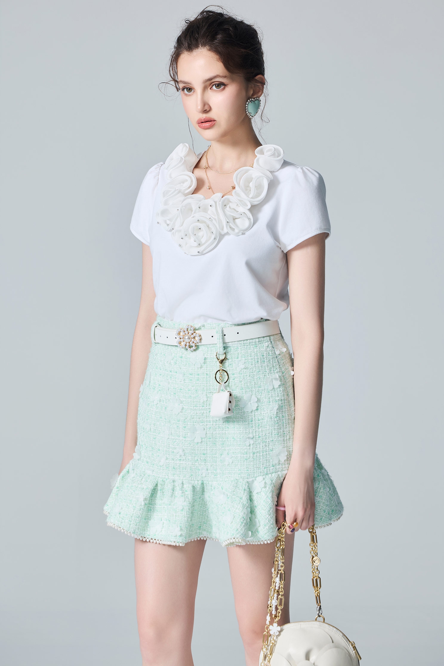 Floral Detail Light Green Tweed SkirtFloral Detail Light Green Tweed Skirt,pearl,Mini skirts,Season (AW) Look