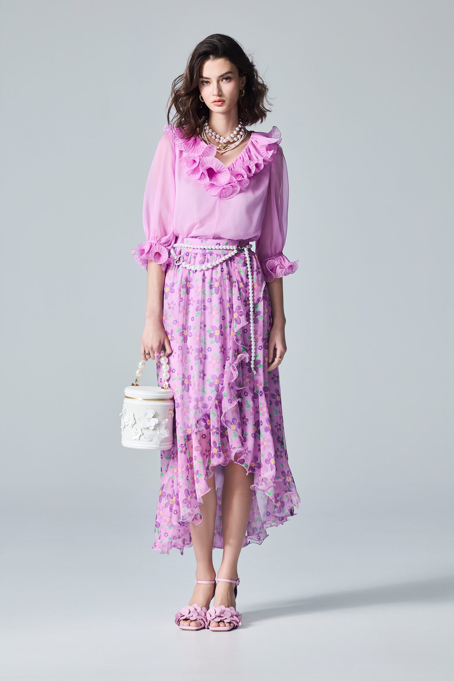 Asymmetric Floral Print Ruffle Maxi SkirtAsymmetric Floral Print Ruffle Maxi Skirt,Season (AW) Look,Midi skirts,Chiffon