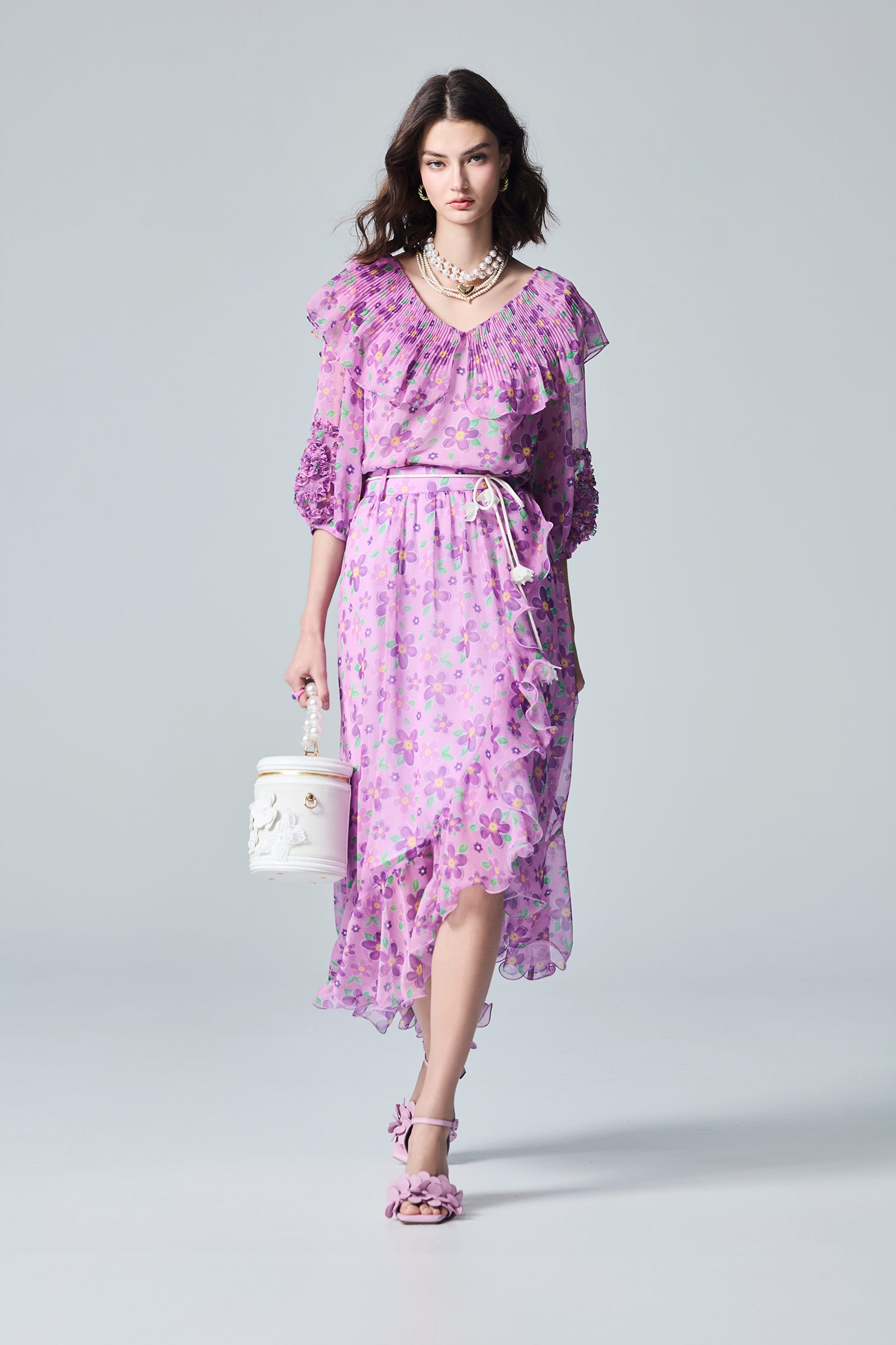 Asymmetric Floral Print Ruffle Maxi SkirtAsymmetric Floral Print Ruffle Maxi Skirt,Season (AW) Look,Midi skirts,Chiffon