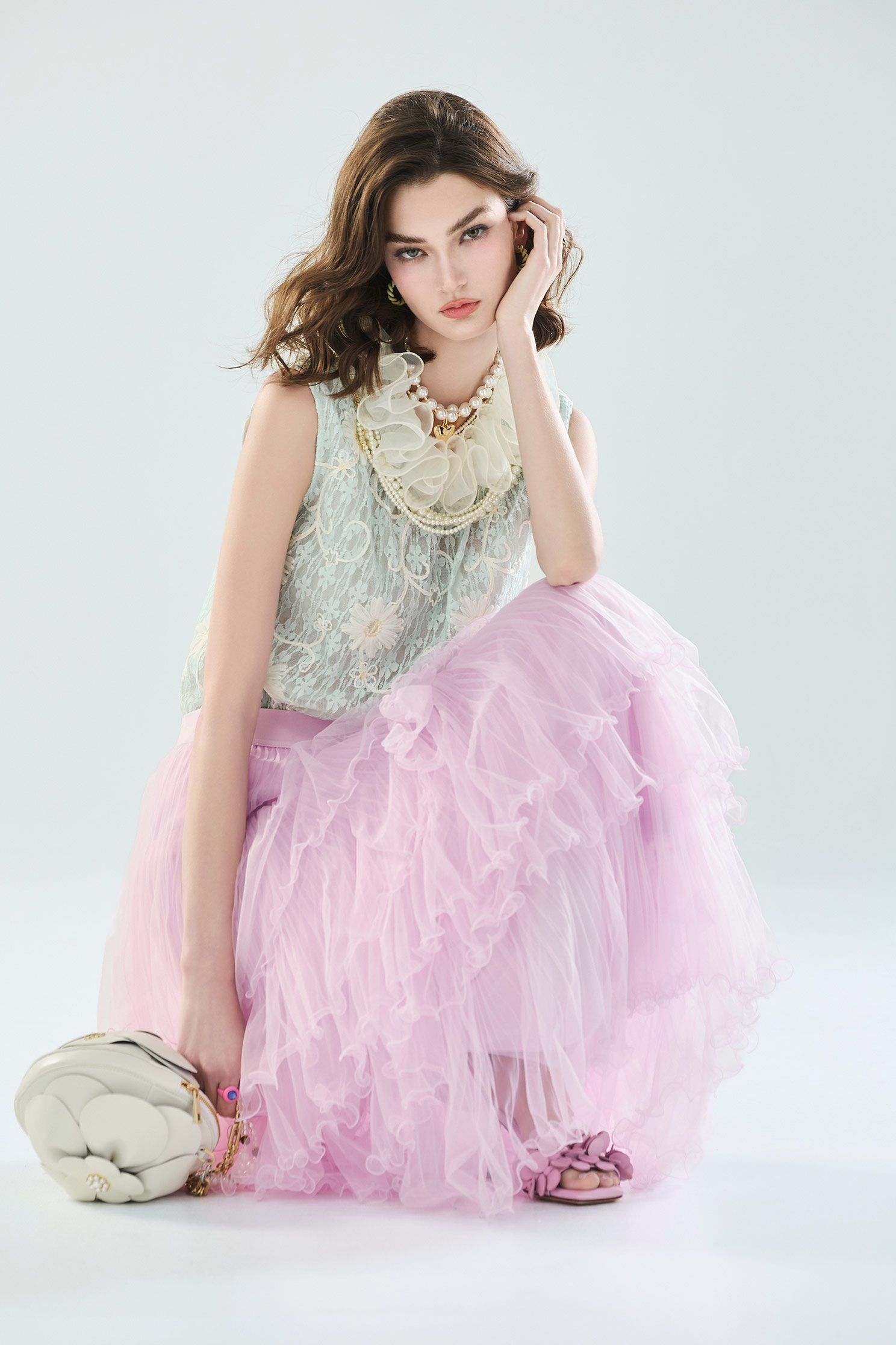 Pleated Ruffle Trim Layered Mesh SkirtPleated Ruffle Trim Layered Mesh Skirt,Dresses,Season (AW) Look,Mesh fabric,Midi skirts
