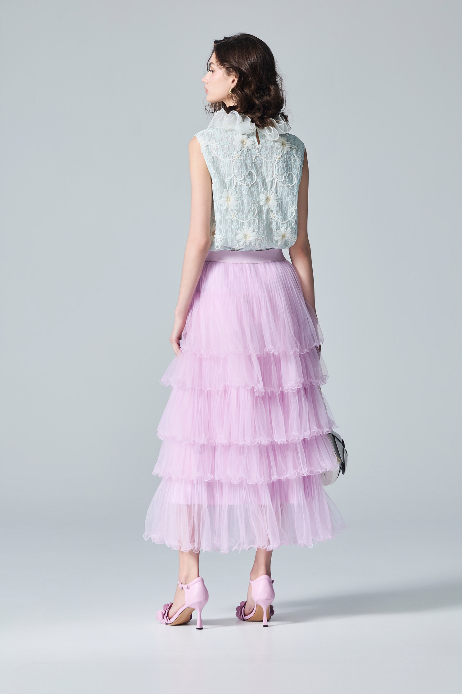 Pleated Ruffle Trim Layered Mesh SkirtPleated Ruffle Trim Layered Mesh Skirt,Dresses,Season (AW) Look,Mesh fabric,Midi skirts