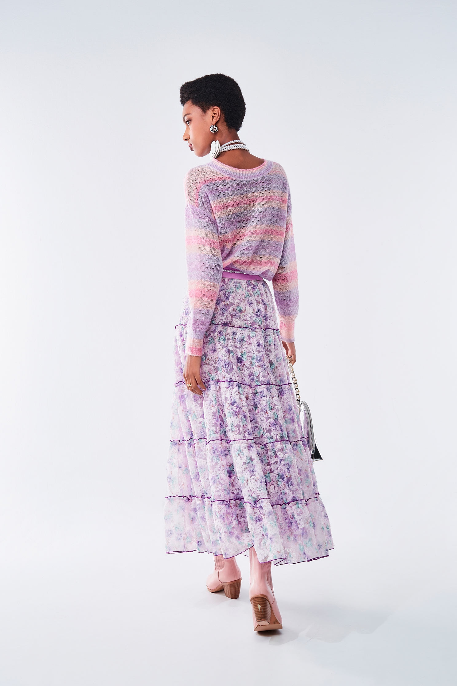 Gradient Lilac Organza Cloud Pattern Maxi SkirtGradient Lilac Organza Cloud Pattern Maxi Skirt,Season (AW) Look,Layered skirts,Midi skirts