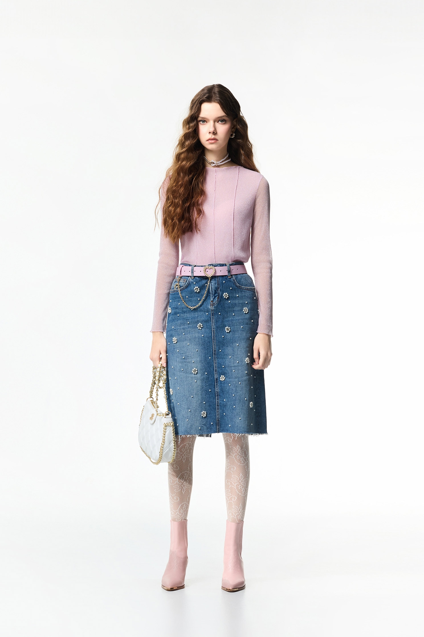 Pearl Floral Detail Denim SkirtPearl Floral Detail Denim Skirt,Denim,co-ord sets,Denim,Denim skirts,pearl,Season (AW) Look,Valentine,blossoms,Midi skirts