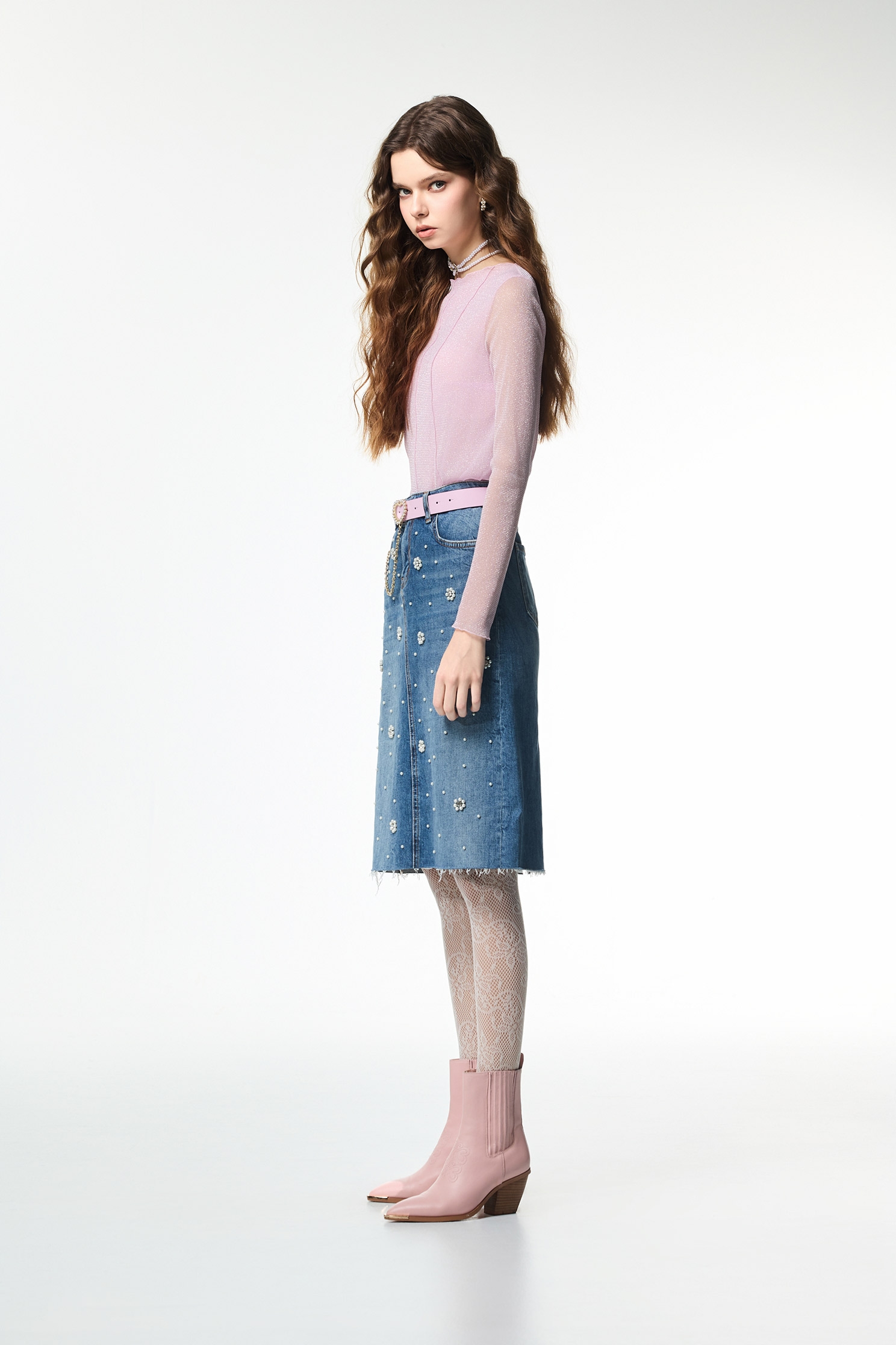Pearl Floral Detail Denim SkirtPearl Floral Detail Denim Skirt,Denim,co-ord sets,Denim,Denim skirts,pearl,Season (AW) Look,Valentine,blossoms,Midi skirts