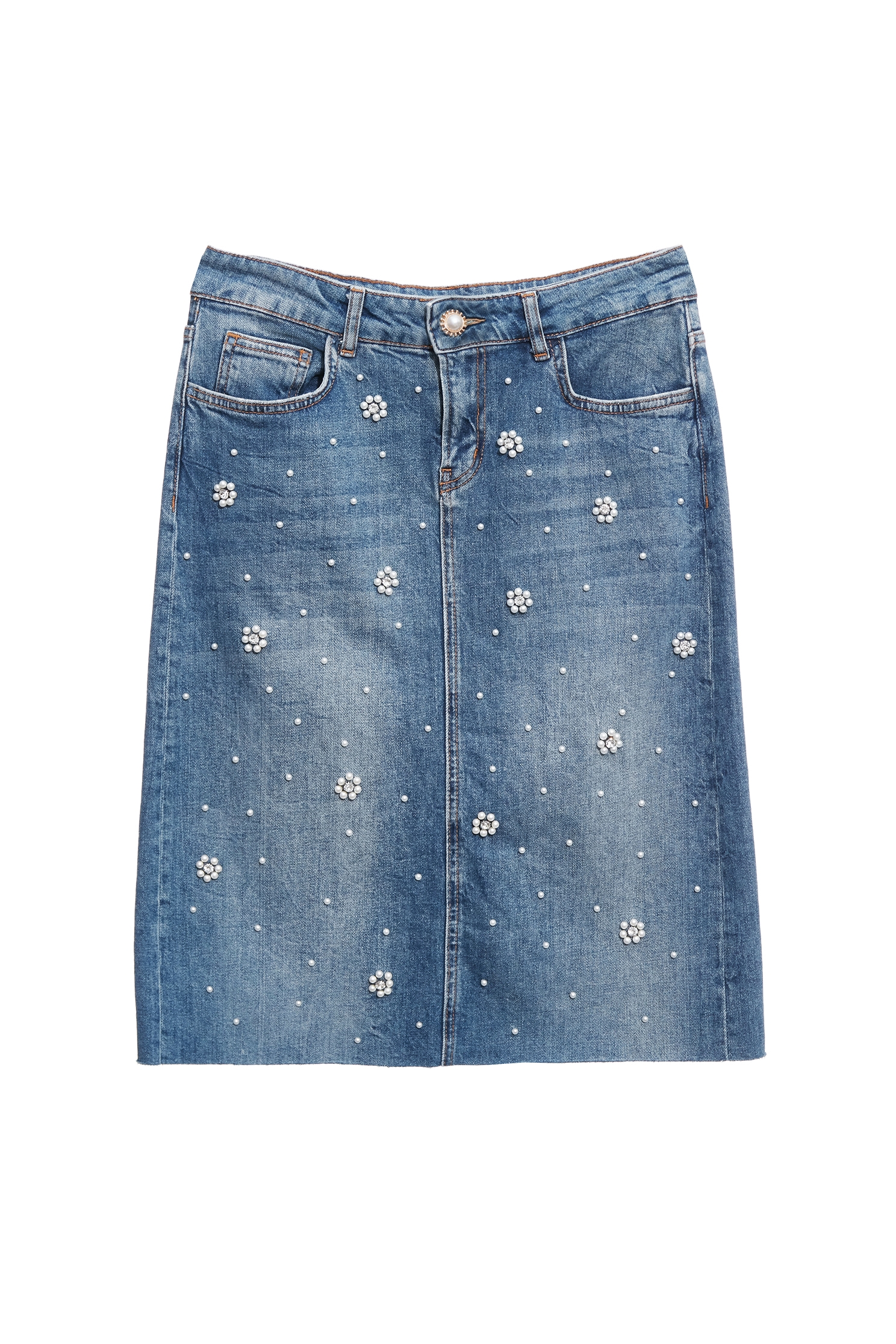 Pearl Floral Detail Denim SkirtPearl Floral Detail Denim Skirt,Denim,co-ord sets,Denim,Denim skirts,pearl,Season (AW) Look,Valentine,blossoms,Midi skirts