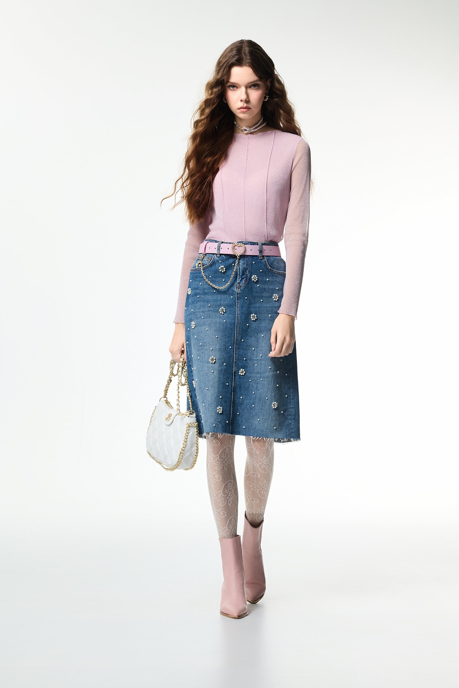 Pearl Floral Detail Denim SkirtPearl Floral Detail Denim Skirt,Denim,co-ord sets,Denim,Denim skirts,pearl,Season (AW) Look,Valentine,blossoms,Midi skirts