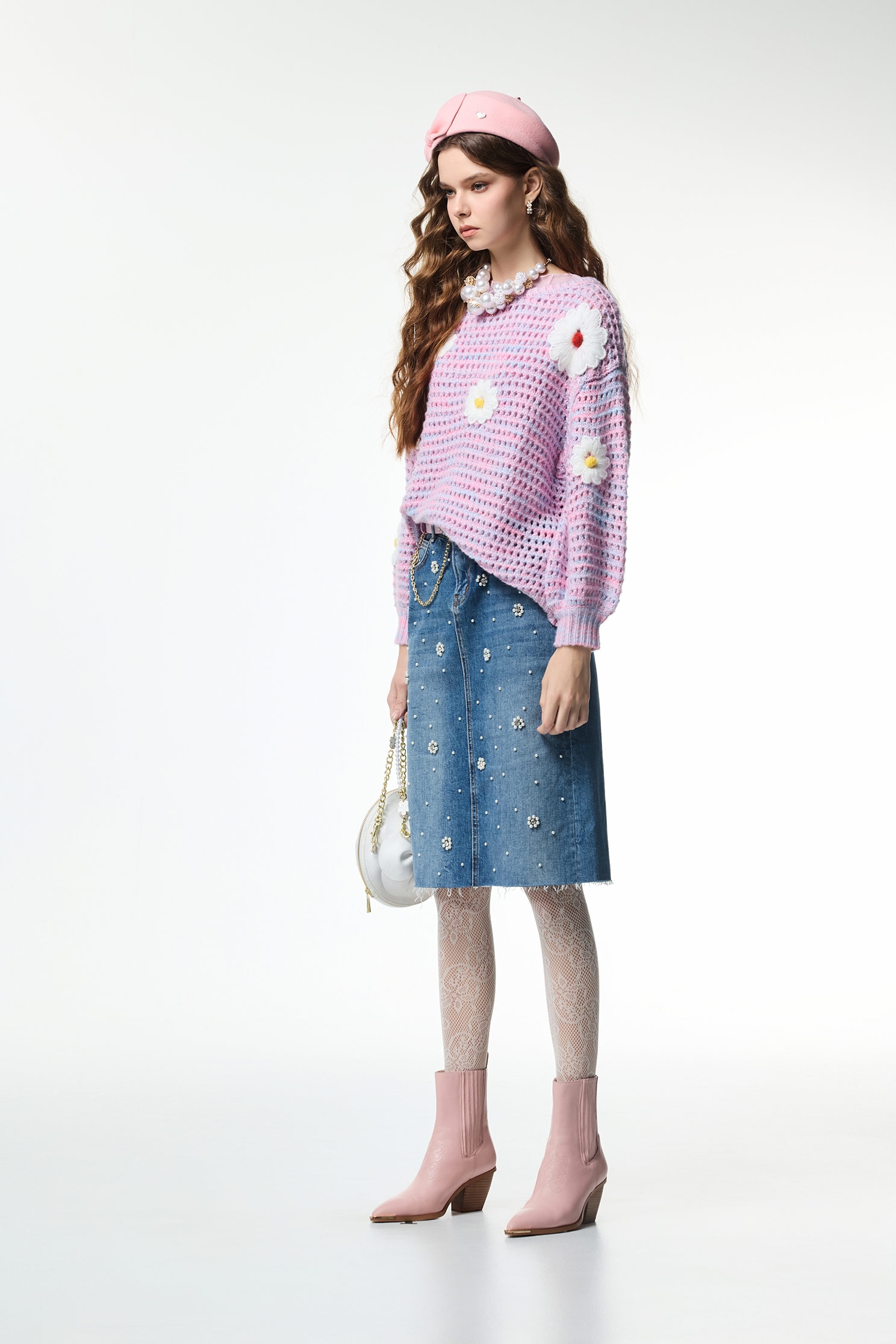 Pearl Floral Detail Denim SkirtPearl Floral Detail Denim Skirt,Denim,co-ord sets,Denim,Denim skirts,pearl,Season (AW) Look,Valentine,blossoms,Midi skirts