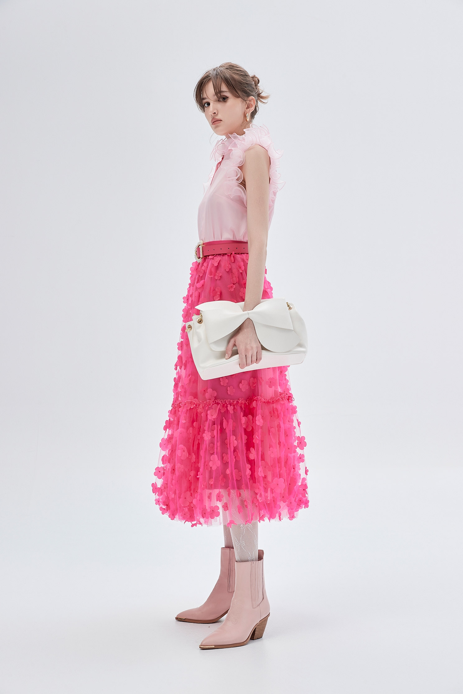 3-D Floral Detail Fushia Pink Skirt3-D Floral Detail Fushia Pink Skirt,Season (SS) Look,Tutu skirts,Midi skirts