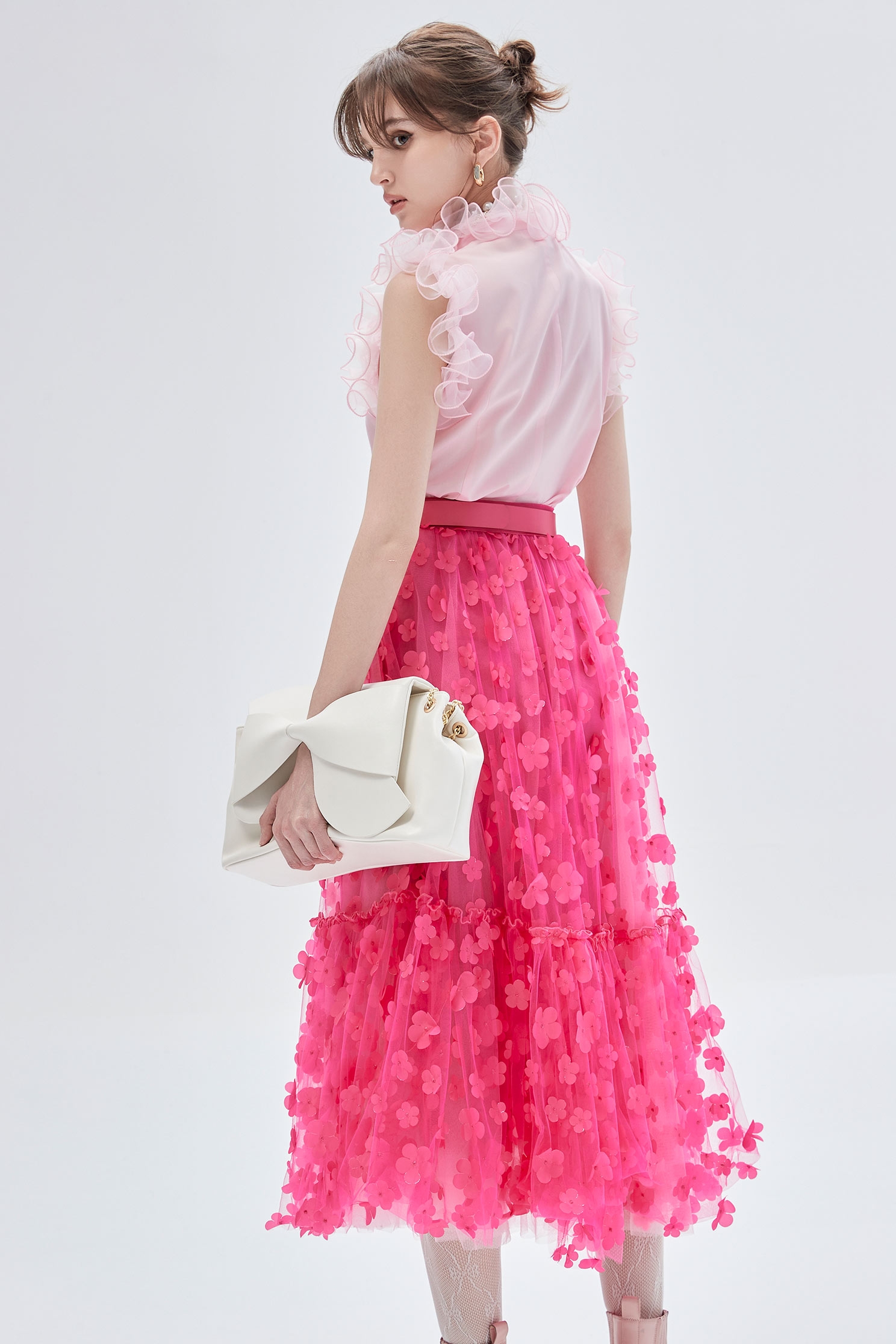 3-D Floral Detail Fushia Pink Skirt3-D Floral Detail Fushia Pink Skirt,Season (SS) Look,Tutu skirts,Midi skirts