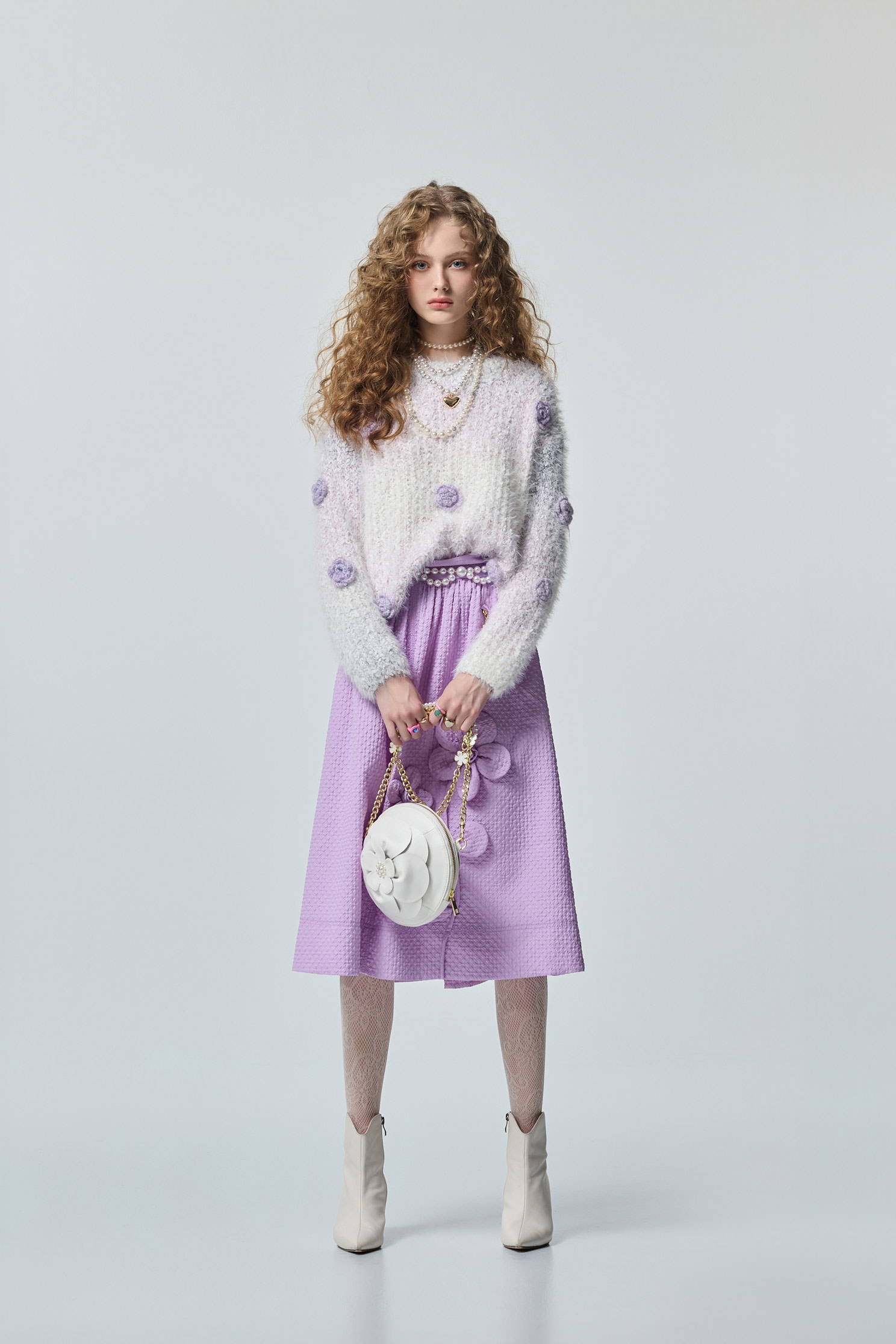 3-D Floral Detail Purple Waffle Skirt3-D Floral Detail Purple Waffle Skirt,Season (AW) Look,Valentine,blossoms,Midi skirts