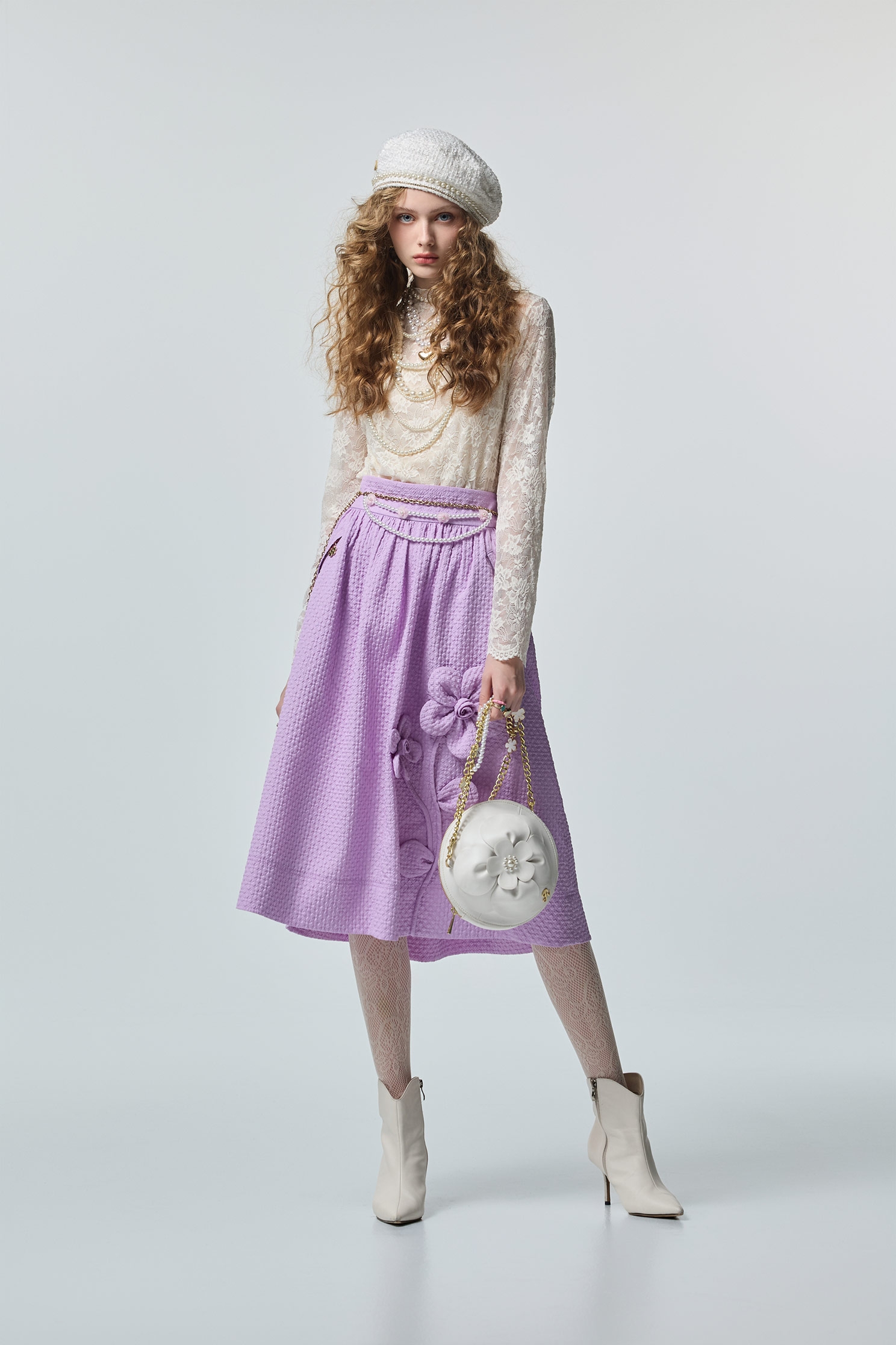 3-D Floral Detail Purple Waffle Skirt3-D Floral Detail Purple Waffle Skirt,Season (AW) Look,Valentine,blossoms,Midi skirts