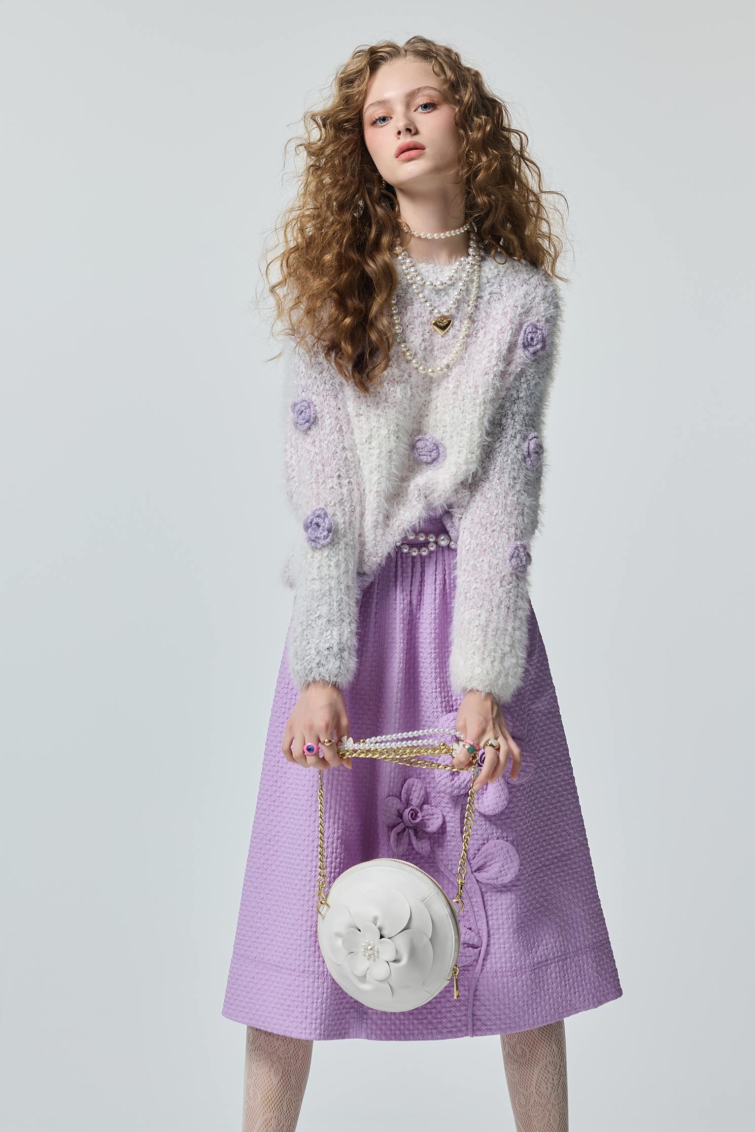 3-D Floral Detail Purple Waffle Skirt3-D Floral Detail Purple Waffle Skirt,Season (AW) Look,Valentine,blossoms,Midi skirts