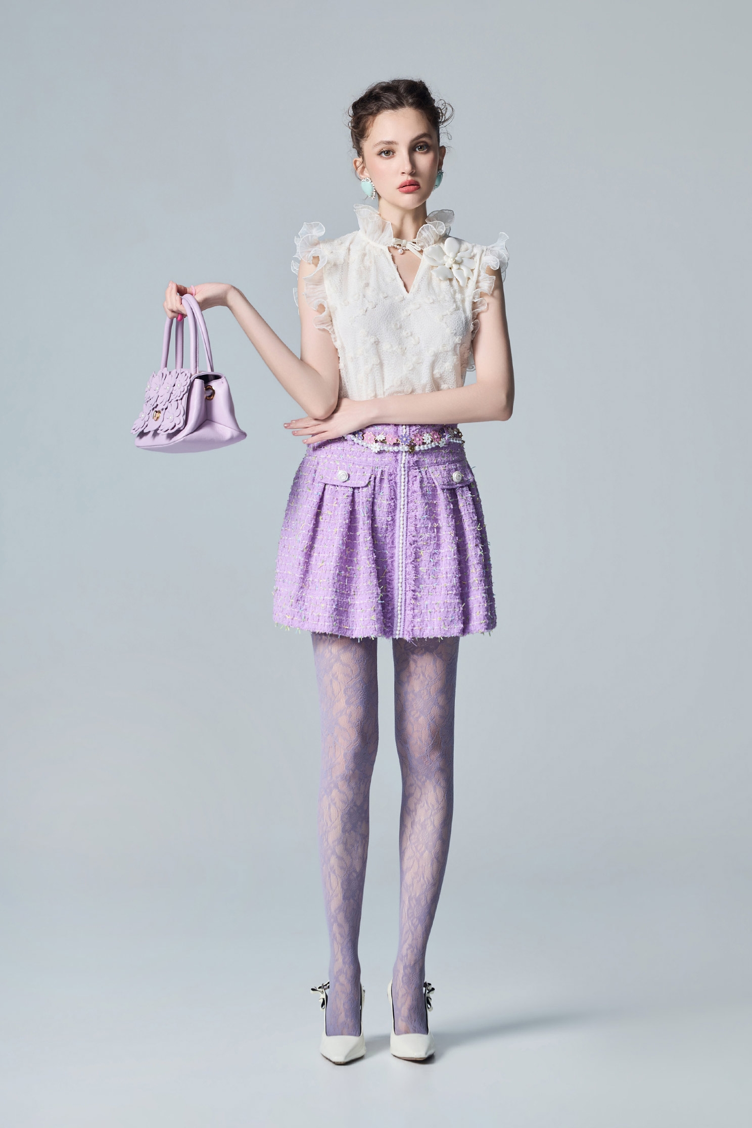 Pearl Detail Purple Tweed SkirtPearl Detail Purple Tweed Skirt,pearl,Mini skirts,Season (AW) Look
