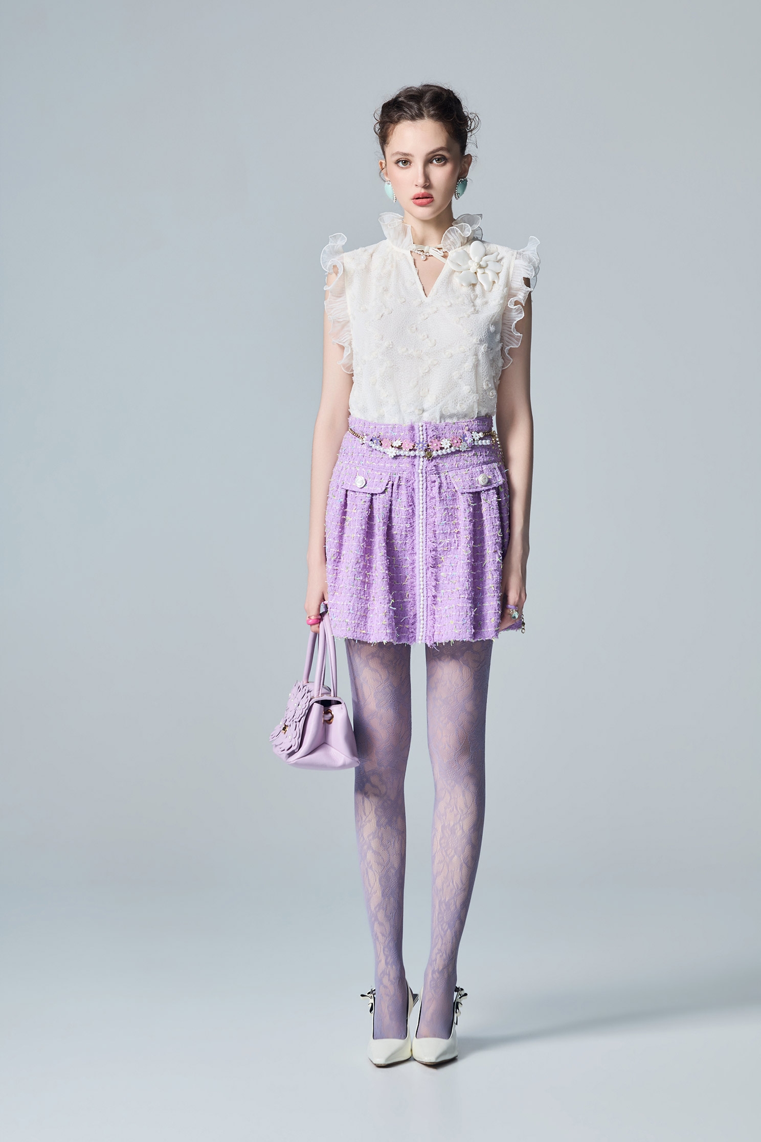 Pearl Detail Purple Tweed SkirtPearl Detail Purple Tweed Skirt,pearl,Mini skirts,Season (AW) Look