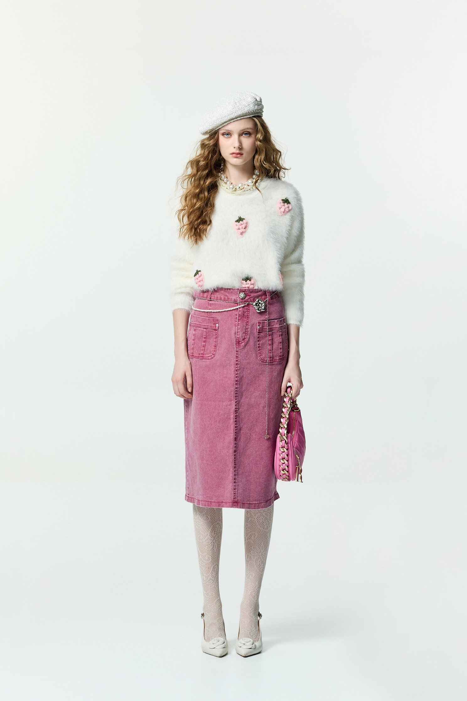 Pink Midi Denim SkirtPink Midi Denim Skirt,Denim,Denim skirts,pearl,Season (AW) Look,Cotton