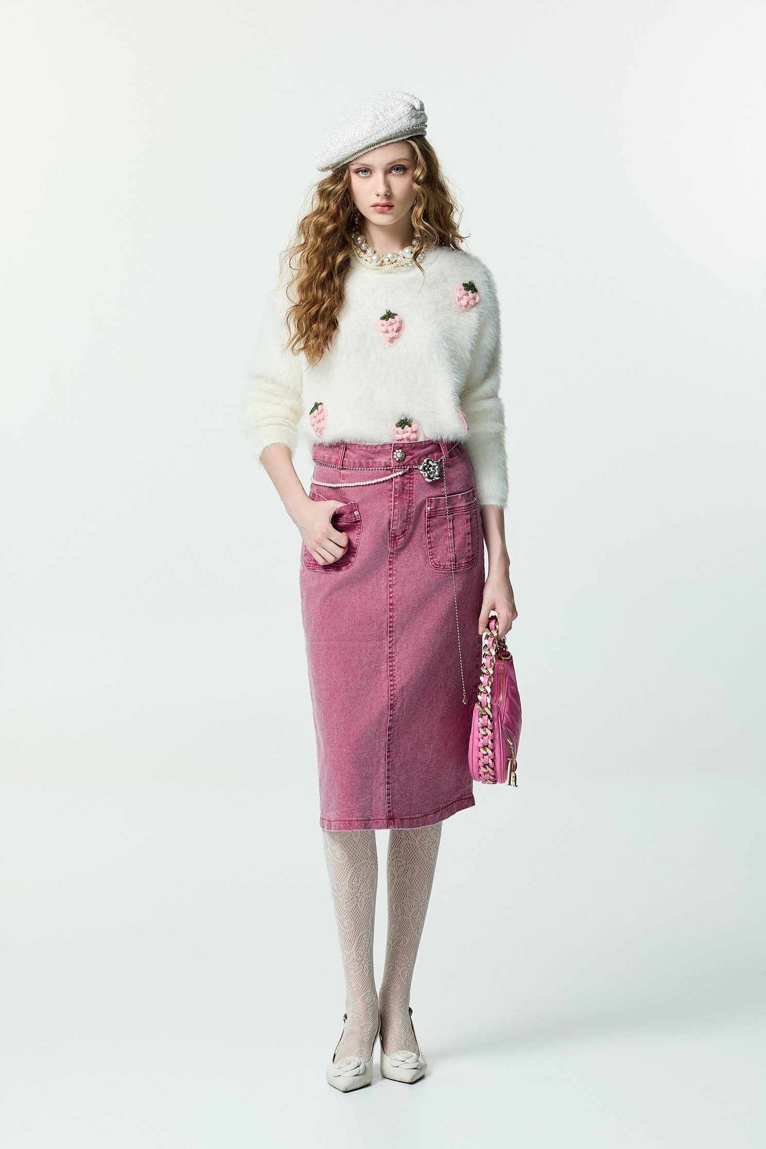 Pink Midi Denim SkirtPink Midi Denim Skirt,Denim,Denim skirts,pearl,Season (AW) Look,Cotton