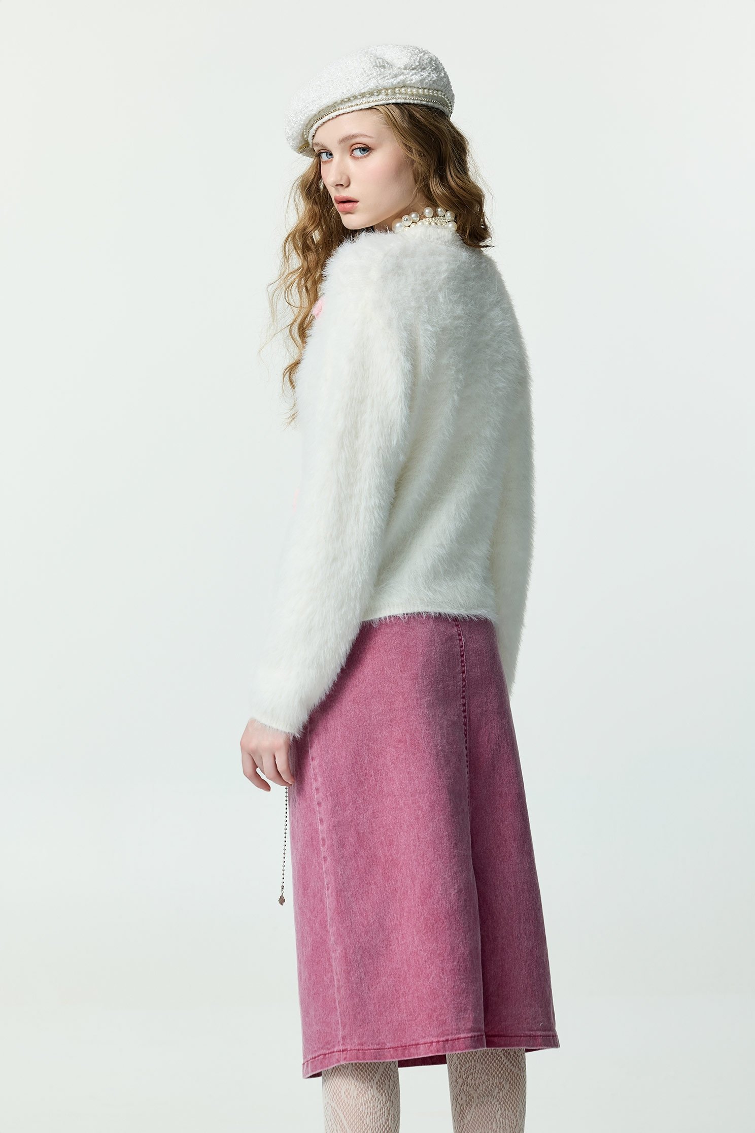 Pink Midi Denim SkirtPink Midi Denim Skirt,Denim,Denim skirts,pearl,Season (AW) Look,Cotton