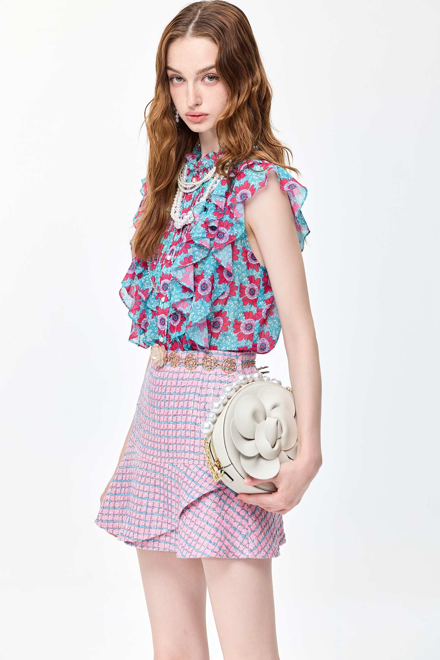 Contrast Blue Plaid Tweed Fishtail Short SkirtContrast Blue Plaid Tweed Fishtail Short Skirt,Season (SS) Look,Mini skirts