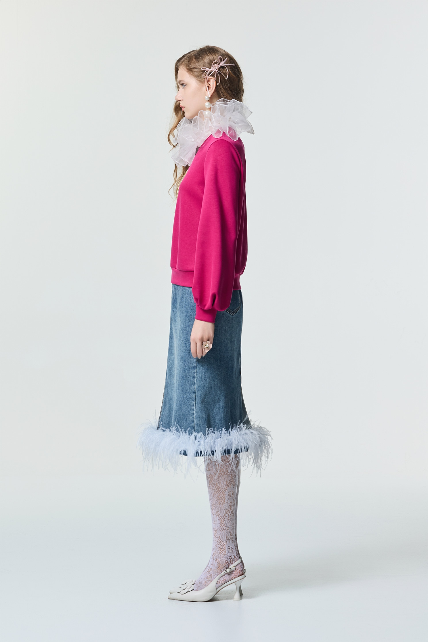 Feather Trim Detail Denim SkirtFeather Trim Detail Denim Skirt,Season (SS) Look,Denim,Denim skirts