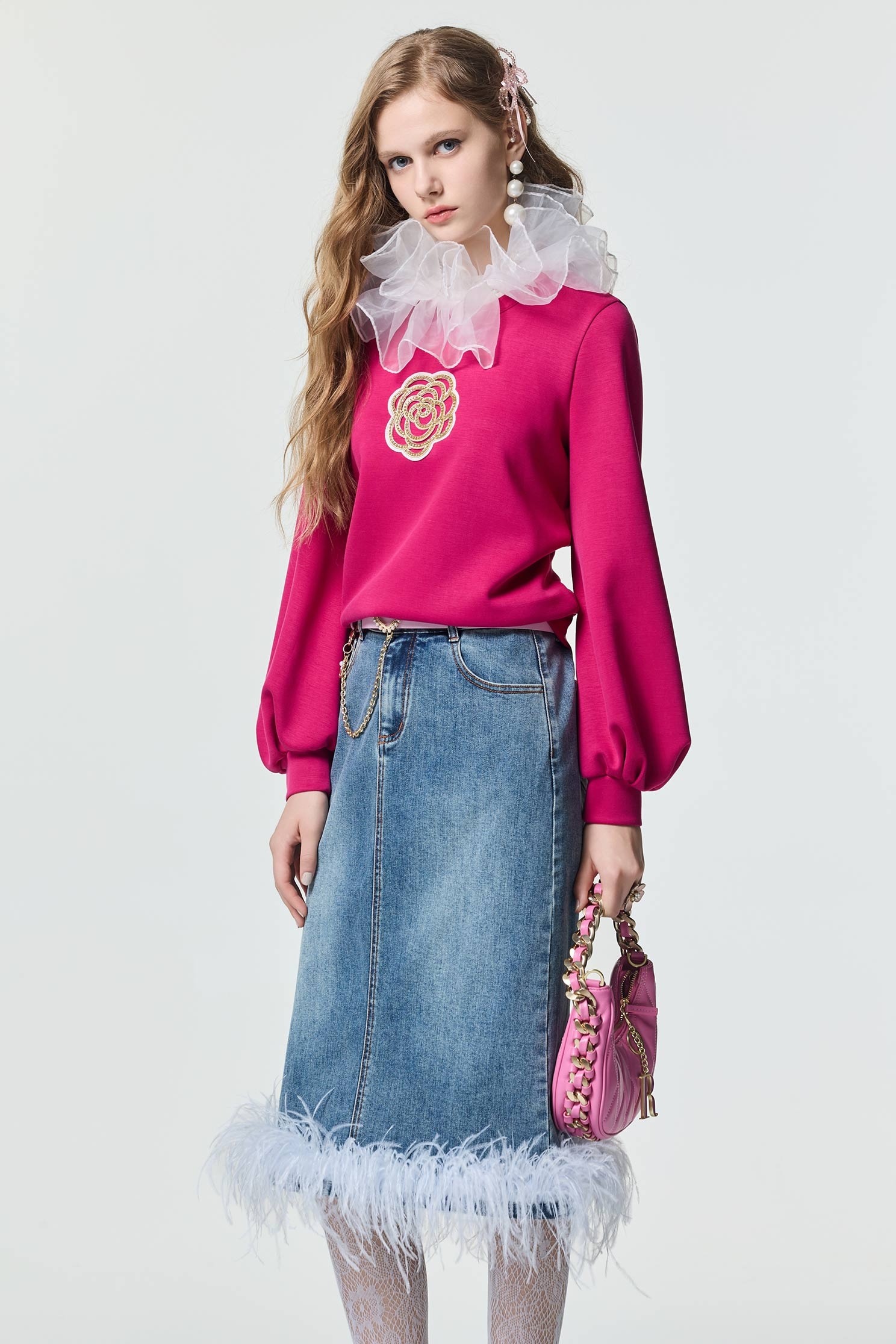 Feather Trim Detail Denim SkirtFeather Trim Detail Denim Skirt,Season (SS) Look,Denim,Denim skirts