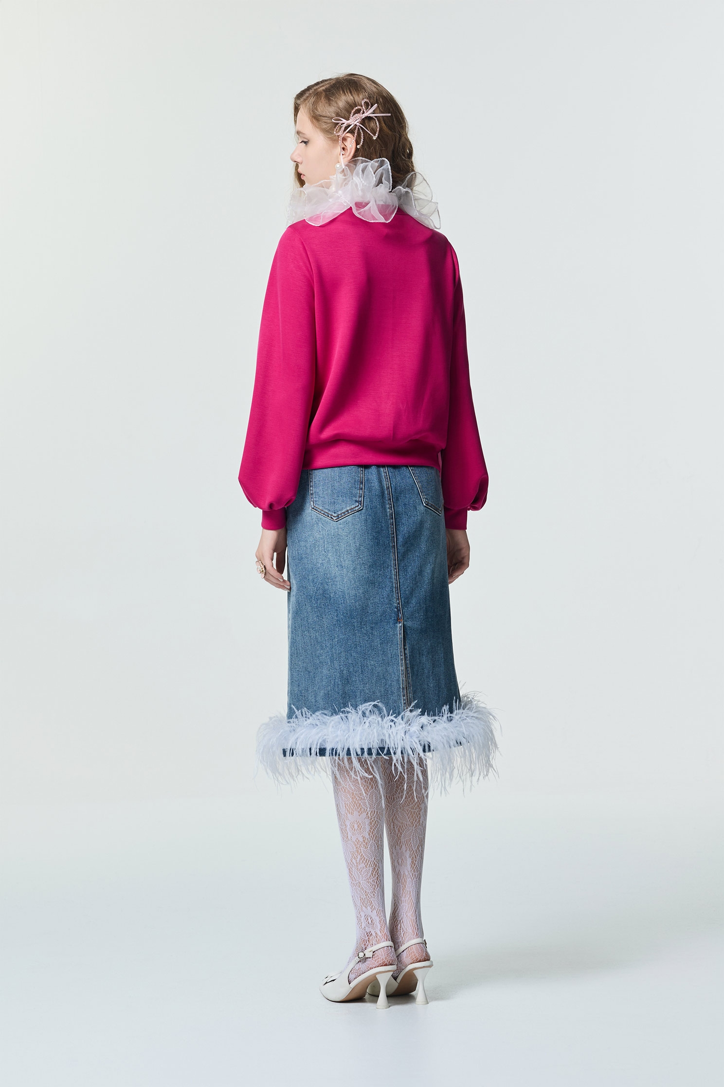 Feather Trim Detail Denim SkirtFeather Trim Detail Denim Skirt,Season (SS) Look,Denim,Denim skirts